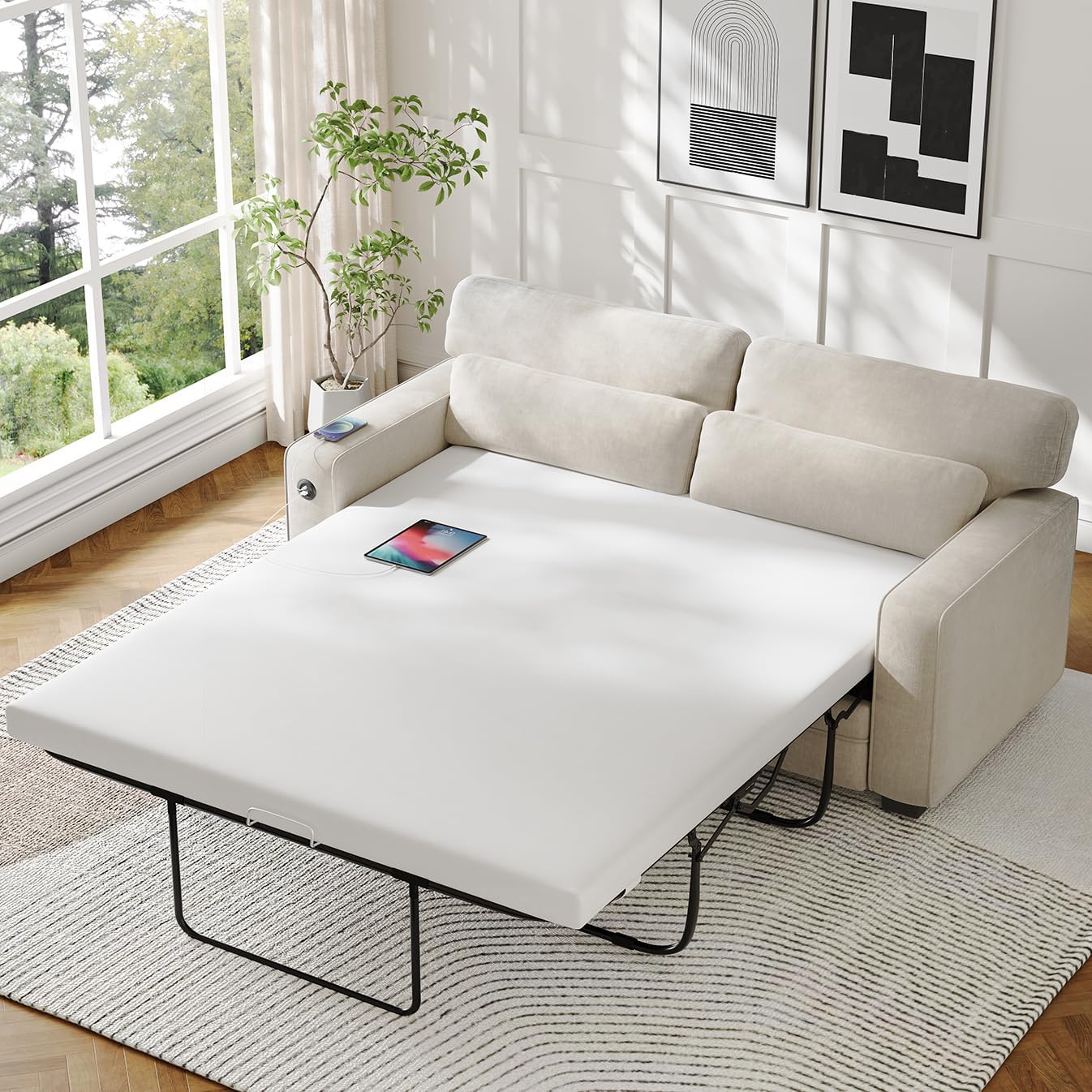 Marsail Full Size Sleeper Sofa with Memory Foam Mattress USB Charging Removable Covers White Chenille Fabric