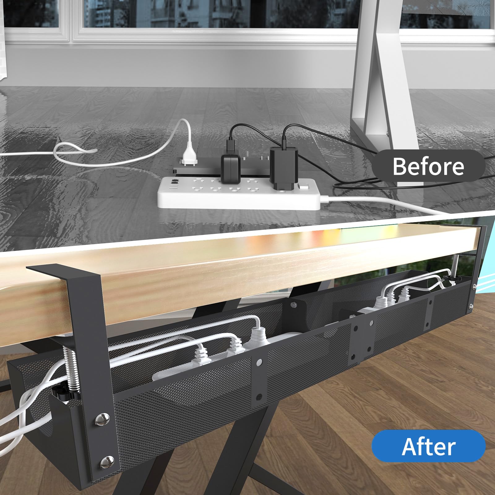 Organizador de cables para debajo del escritorio, organizador de cables de metal para debajo del escritorio, bandeja de gestión de cables, no daña el escritorio (negro)