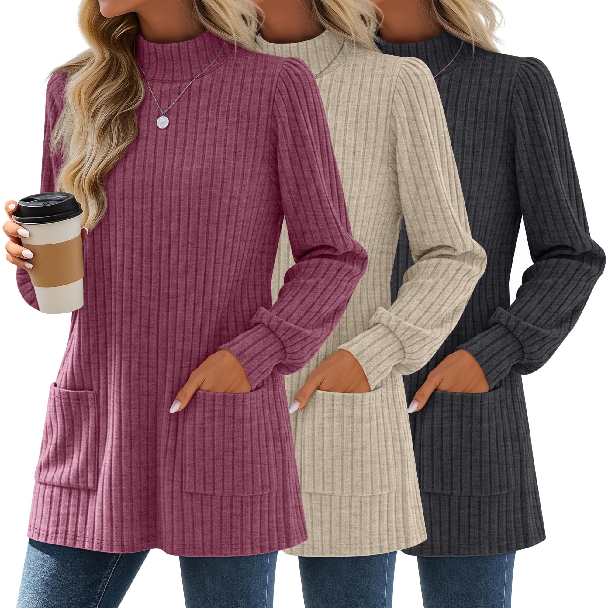 3 Pack Womens Long Sleeve Mock Neck Sweaters Ribbed Knit Long Tops Turtleneck Loose Fit Tunic Shirt with