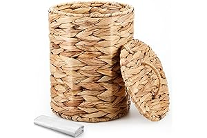 Classic Style Wicker Trash Basket with Lid for Bathroom: Boho Woven Wicker...