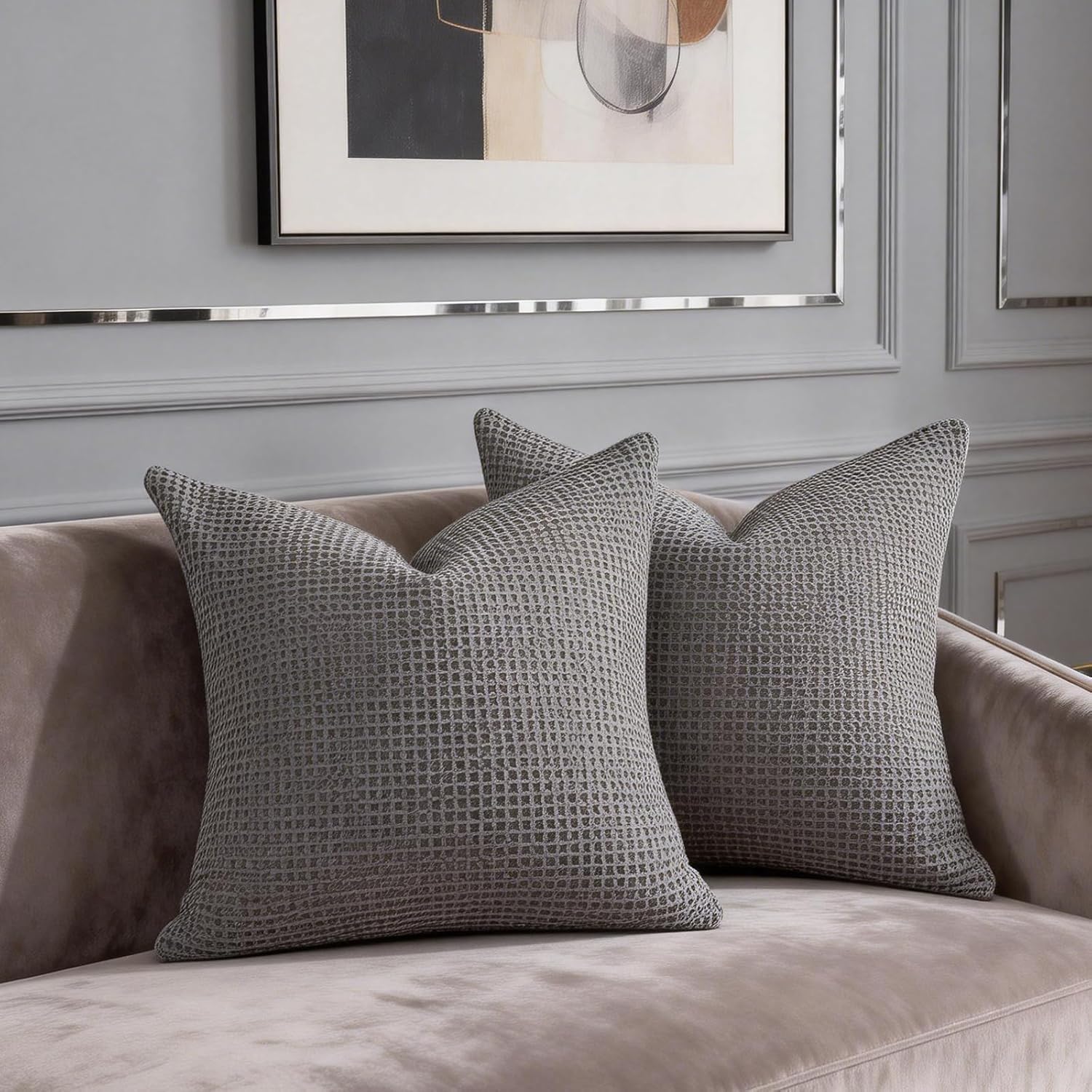 Pillow Covers 26x26 Set of 2 Cotton Euro Shams with Hidden Zipper Wrinkle Resistant Breathable Decorative Waffle Weave Pillowcases for Couch, Sofa, Bedroom Car, Chocolate Grey