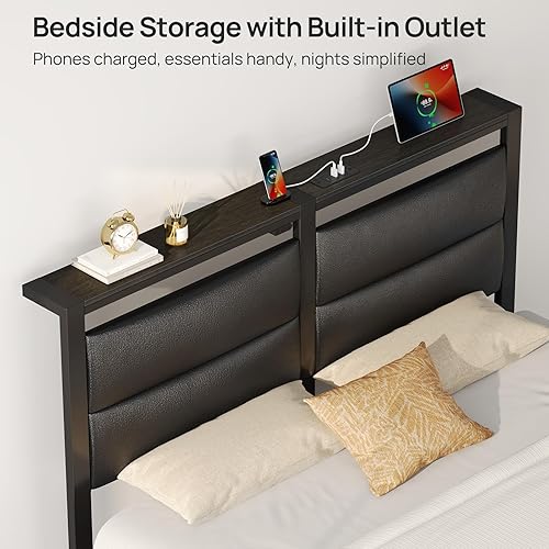 Miniatura 5 de Rolanstar Base de cama tamaño individual con estación de carga, base de cama individual LED con cabecera de almacenamiento tapizada, cama de