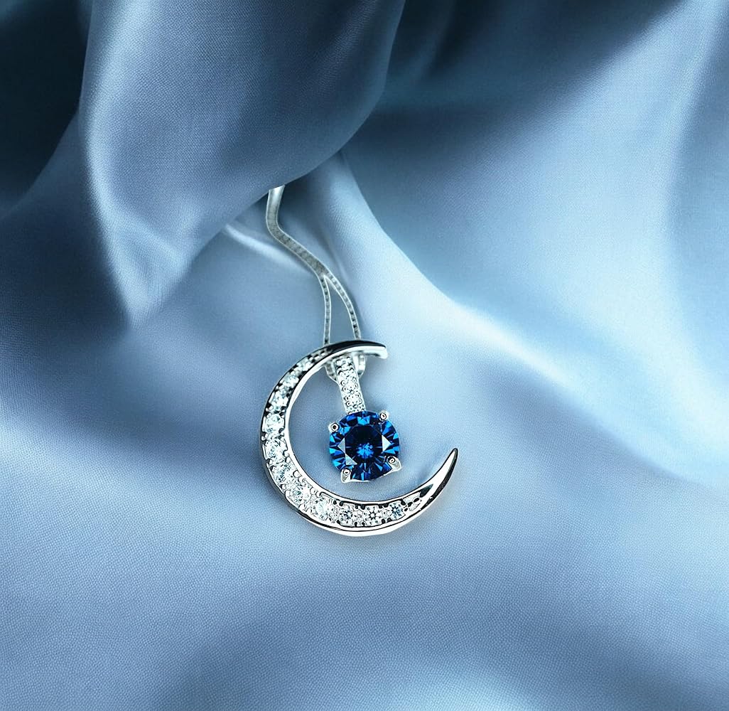 アクセサリー Blue Moon Amazon.com: Blue Sapphire Necklace Diamond Moon Pendant Sterling