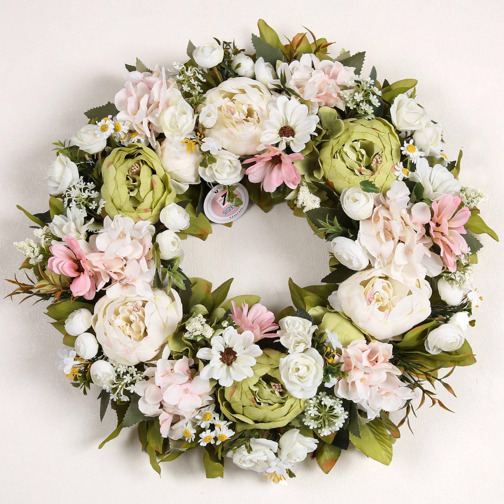 peony wreath 18'' spring wreaths for front door, artificial large floral wreath for front door wall decor, valentine’s day home wedding housewarming gift ezsenses (green)