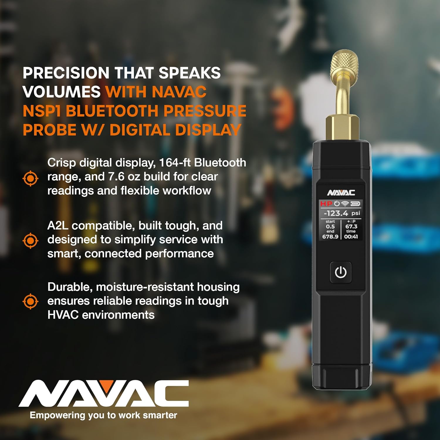 NAVAC NSP1 Bluetooth Pressure Probe with Digital Display - 164ft Range, Ceramic Sensor, Easy-Switch Knob, Compatible with MyNavac App - Includes Rechargeable Battery & Carry Bag, 7.6oz