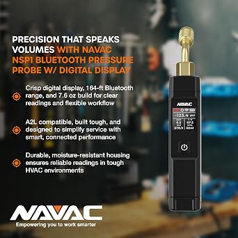 NAVAC NSP1 Bluetooth Pressure Probe with Digital Display - 164ft Range, Ceramic Sensor, Easy-Switch Knob, Compatible with MyNavac App - Includes Rechargeable Battery & Carry Bag, 7.6oz