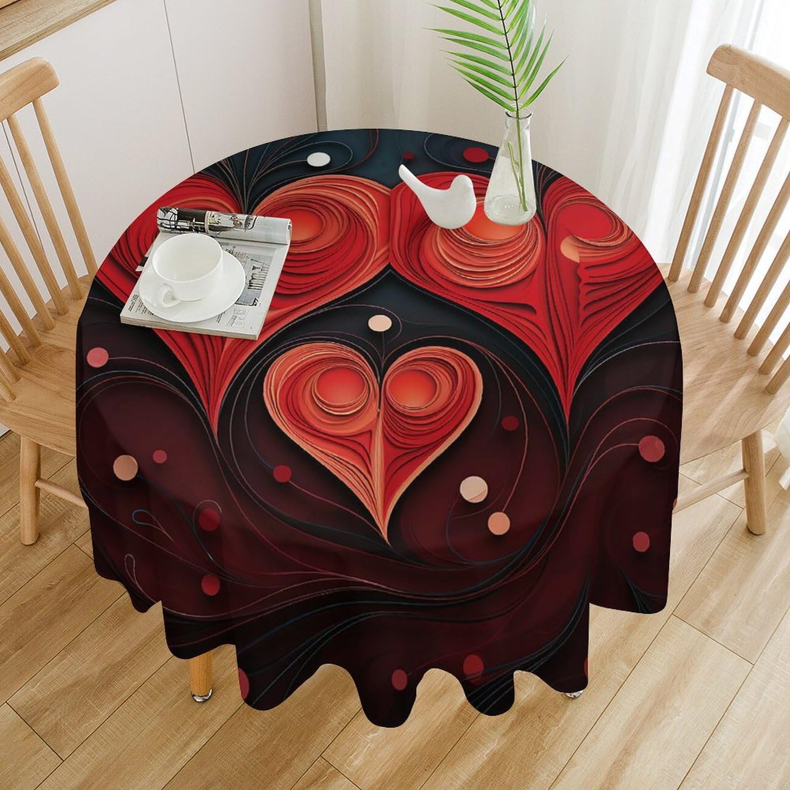 Nappe de table ronde imperméable 152 cm à motif cœurs pour salle à manger