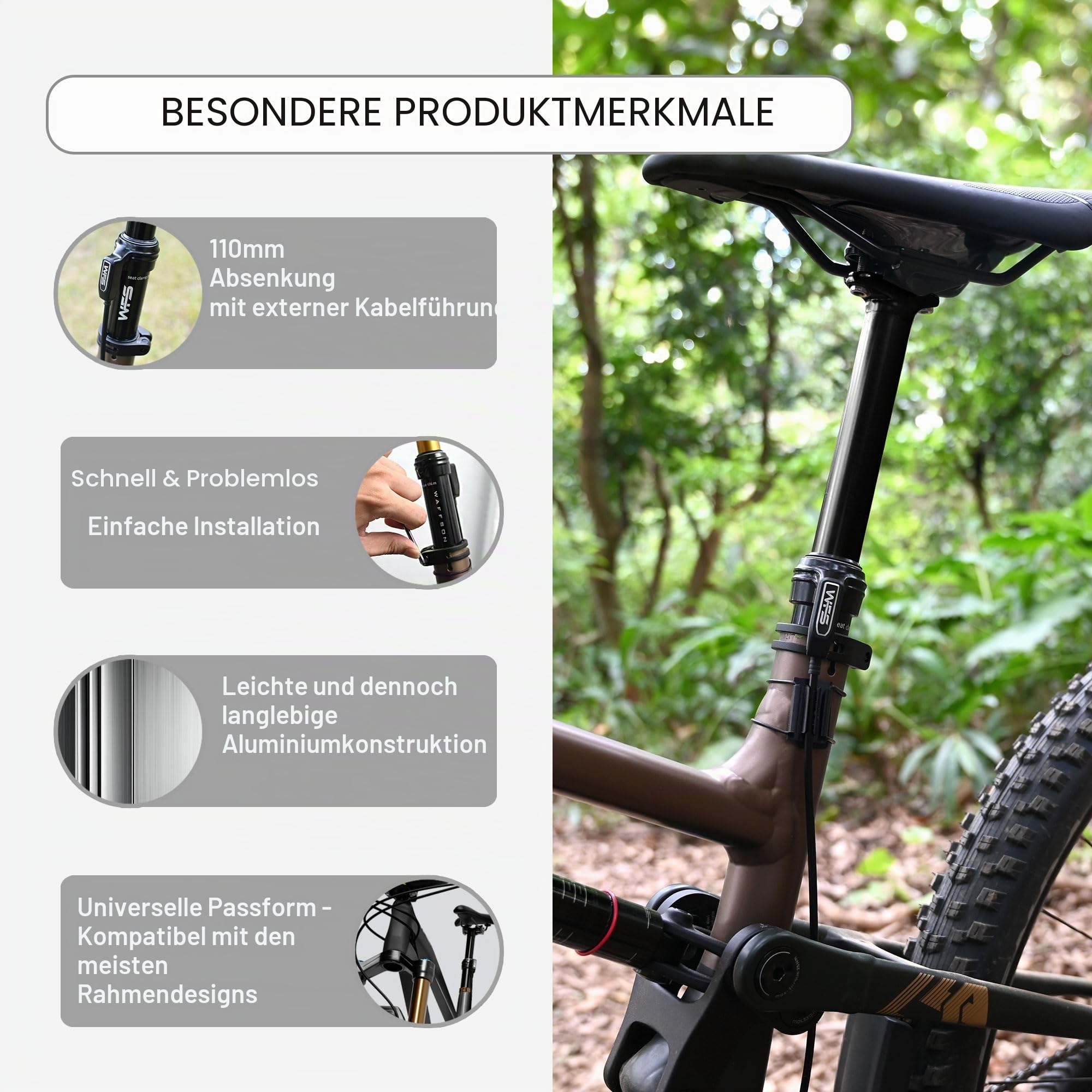 WFS Flex Internal Routing Dropper Post Kit with Adjustable Air Cartridge-27.2mm, Lightweight Aluminum Alloy Seatpost w/ Remote Lever for Mountain Bike, Road Bikes, Black