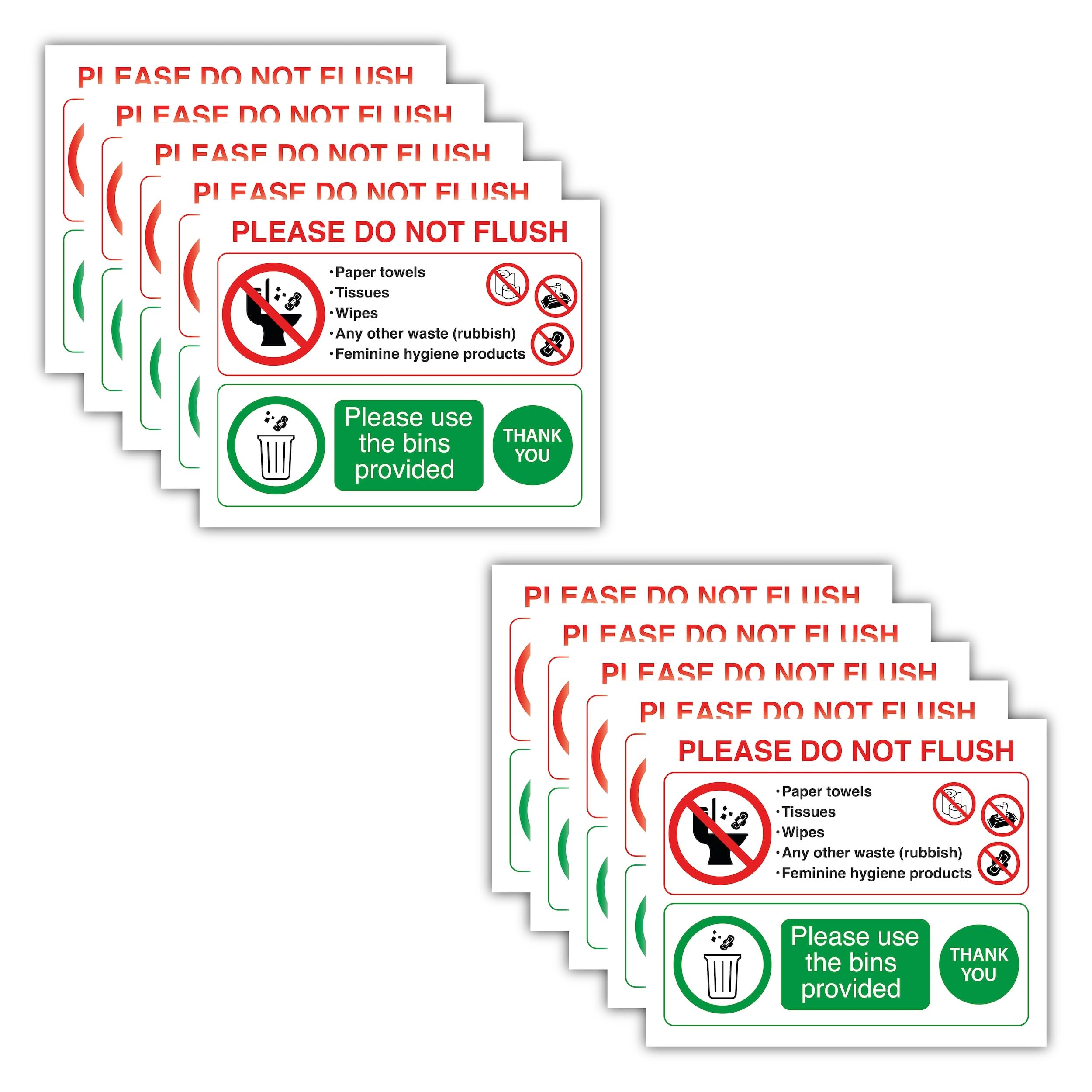Pack of 10 Please Do Not Flush Toilet Signs – Self Adhesive Vinyl Stickers (90 x 110 mm) – Bathroom & WC Notice Labels