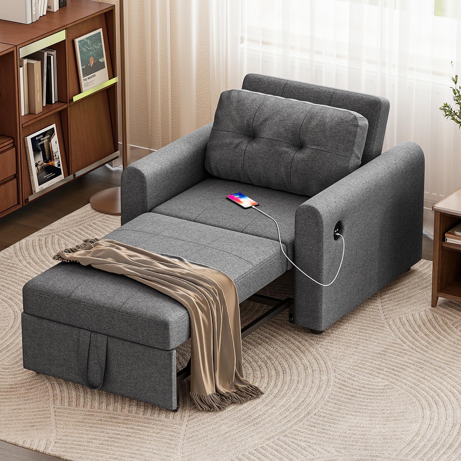Jooli H Single Sofa Bed, 3-in-1 Convertible Fabric Pull Out Sleeper Sofa Chair with 3-Position Adjustable Backrest, Side Pockets and USB for Living Room, Guest Room, Dark Grey