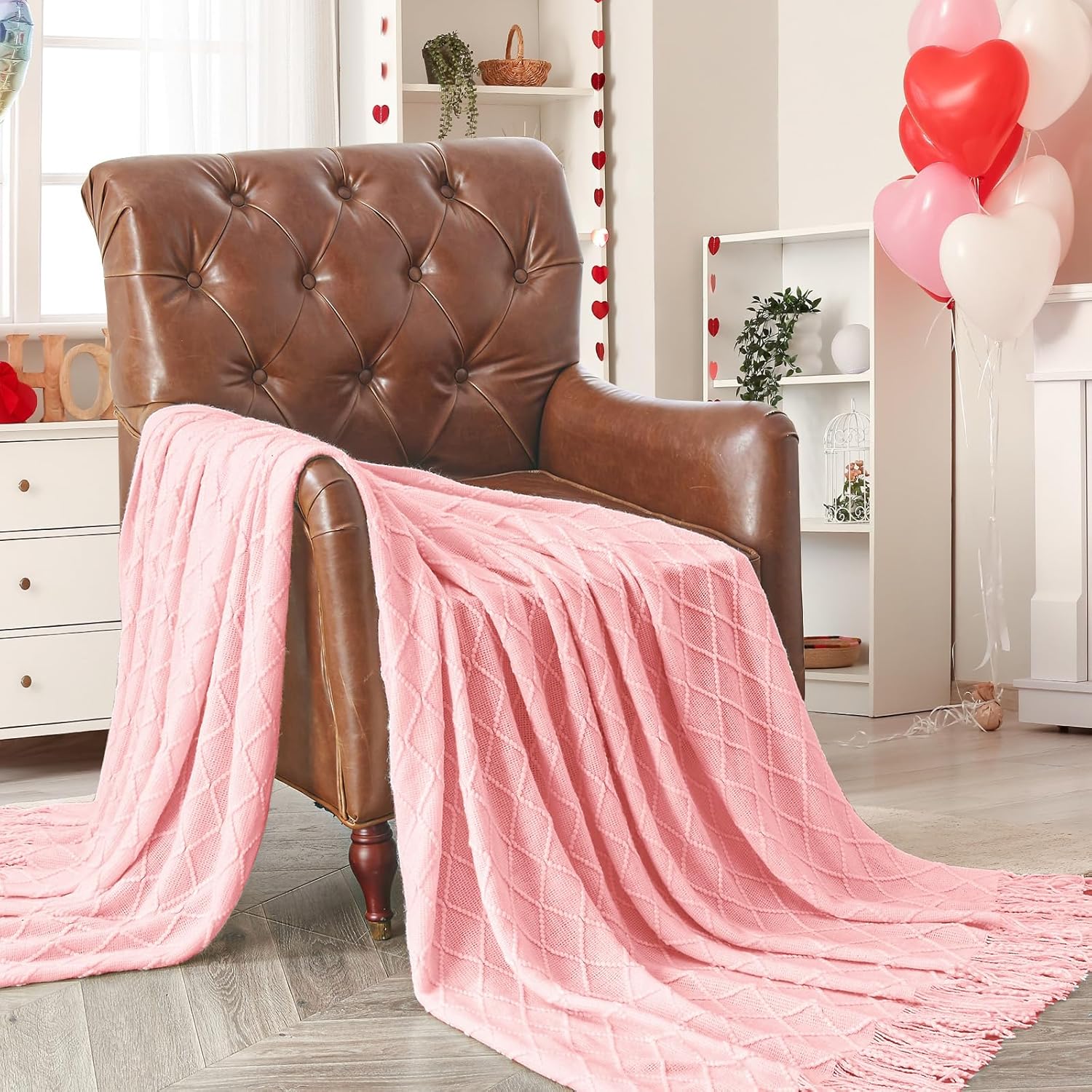 inhand Knitted Gifts Pink Throw Blankets for Couch Bed,Valentines Day Decor for Her Him Girlfriend Wife, Romantic Lightweight Decorative with Tassel, Farmhouse Warm Woven for Women,50"x60" - Image 7