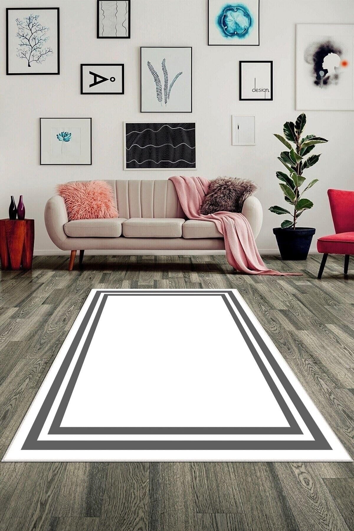 Pelangi Beyaz Zemin Gri Çerçeveli Yıkanabilir Kaymaz Taban Leke Tutmaz Modern Salon Halısı Ve Yolluk, Beyaz 160 x 350, 7457102716035005