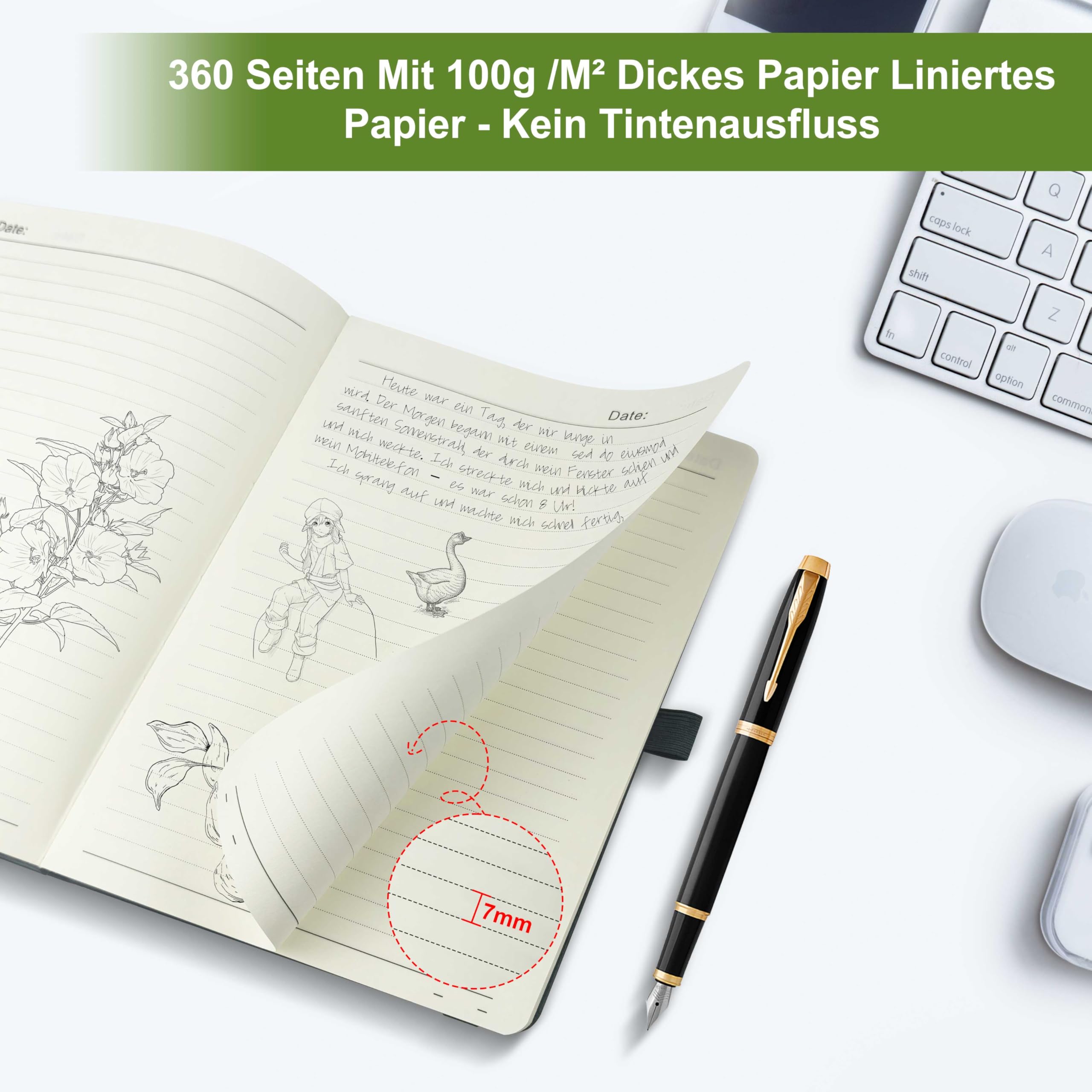 Mlife Notizbuch A4 mit Lebensbaum-Design–360 Seiten,100g Papier,PU-Cover,elastisches Band,Stifthalter,3 Lesezeichen–Ideal für Beruf, Studium & Geschenk(Dunkelgrün)