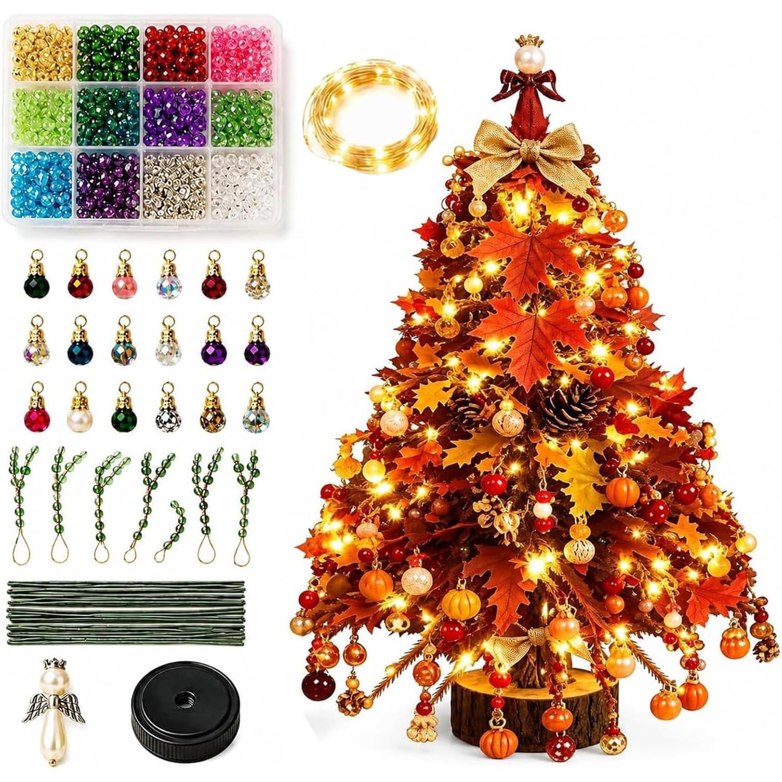 Beaded Christmas Tree Kit, Christmas Ornaments 3D Bead Kits, Handmade Mini Xmas Tree Making Kit with Colorful Beads & Ornaments, Holiday Tabletop Decoration Craft Gift for Craft Lovers & Beginners (B)