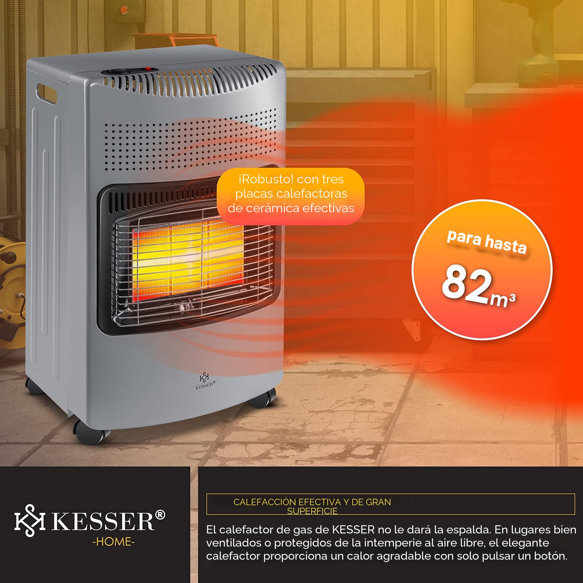 KESSER el calentador cerámico de gas de 4200W, incl. regulador de presión de gas, manguera de gas, calentador de gas, quemador cerámico de infrarrojos, bombonas de gas butano hasta 15kg, Gris Oscuro