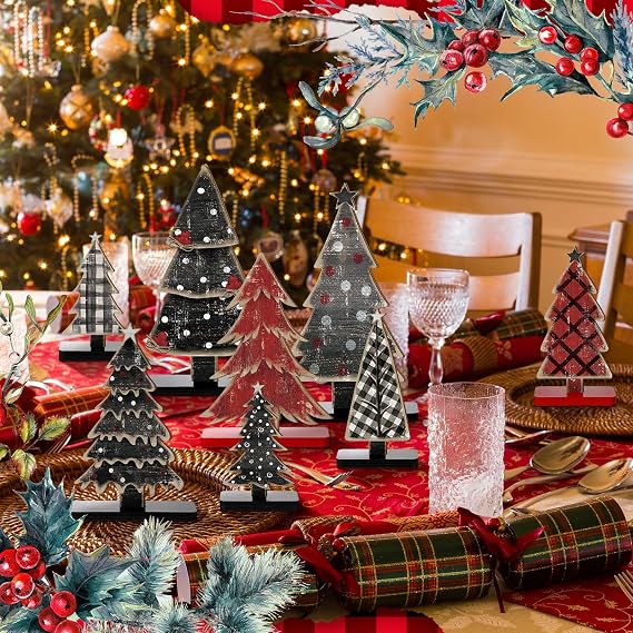 Moucuny 8 Pcs Wooden Christmas Trees Farmhouse Christmas Table Centerpieces
