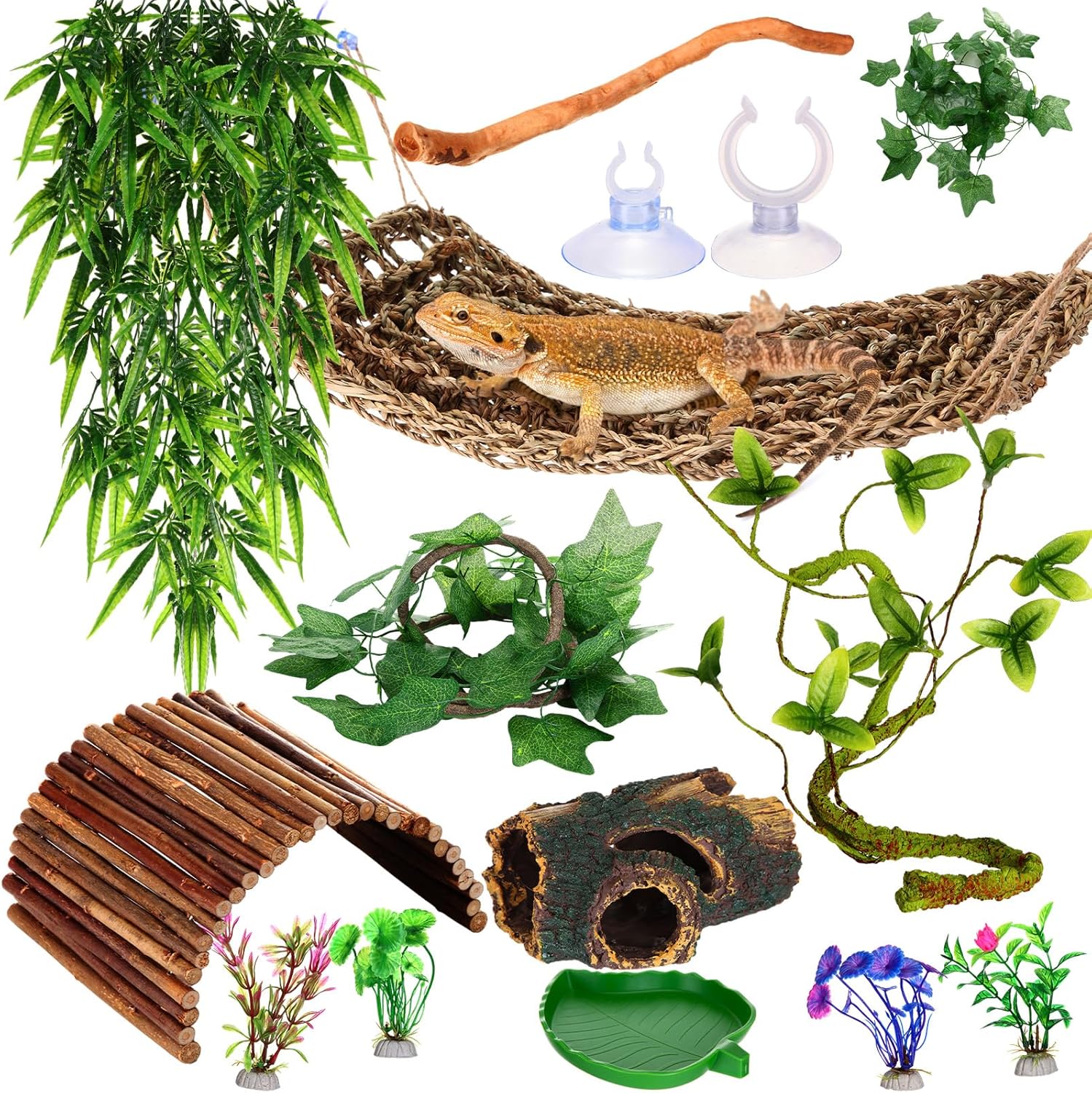 Foilswirl Bearded Dragon Tank Accessories Reptile Bridge Hammock Plants Jungle Climber Vines Terrarium Branch Plants Habitat Decoration for Hiding Climbing Snake Gecko Lizard Chameleon