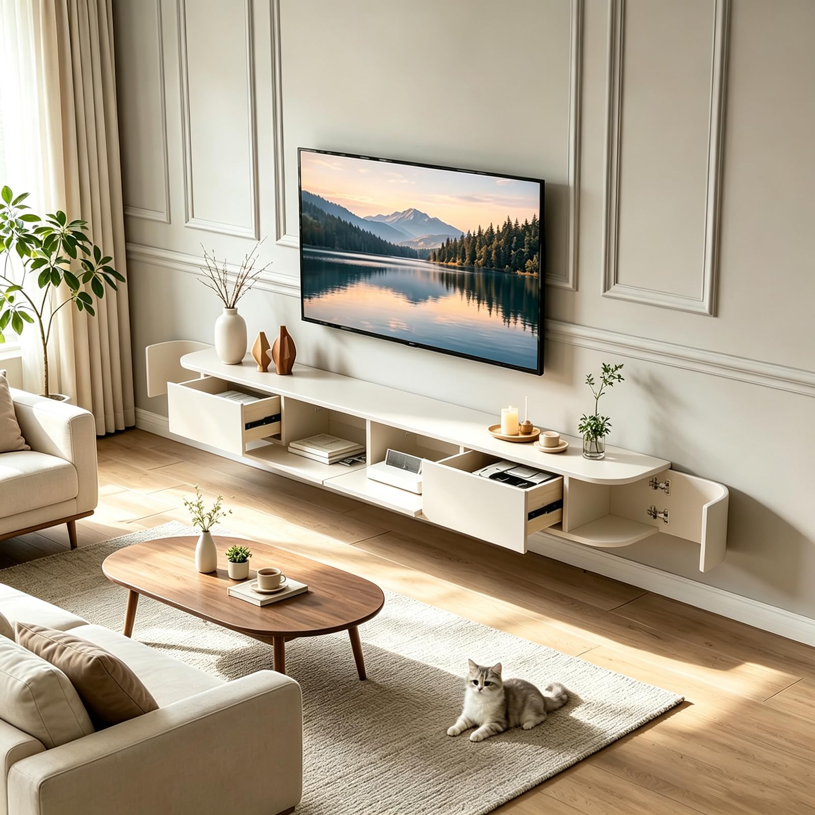 Meuble TV moderne suspendu - 160 cm - Blanc - Avec 2 tiroirs et 1 porte battante - Meuble TV moderne avec gestion des câbles - Table TV pour salon et salle à manger
