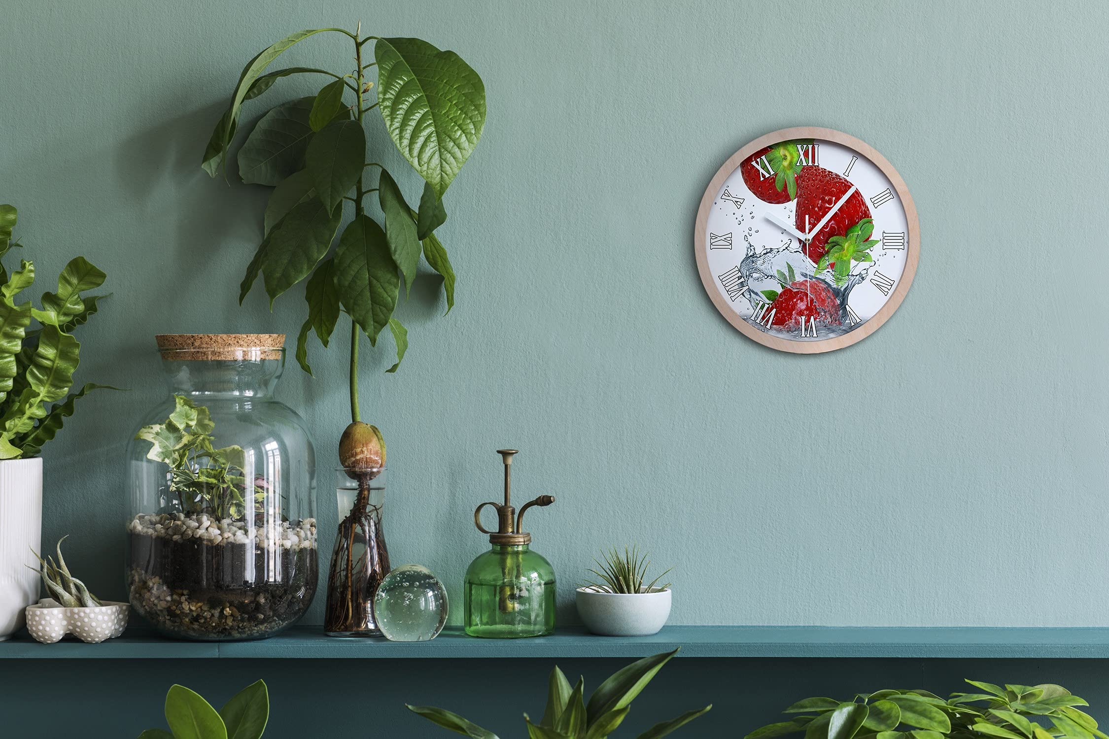 Tulup Holzuhr Wanduhr ⌀ 30cm Uhr Holz Stille Uhren Modern Runde Dekoration Weiße Uhrzeiger - Erdbeeren und Wasser