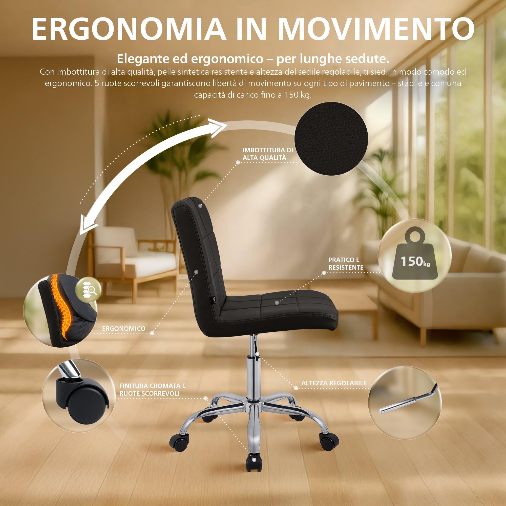 CLP Sgabello da lavoro regolabile con schienale e rotelle Darfield, sedia ergonomica girevole a 360°, sedia da estetista fino a 150 kg, Colore:marrone, Materiale:Ecopelle