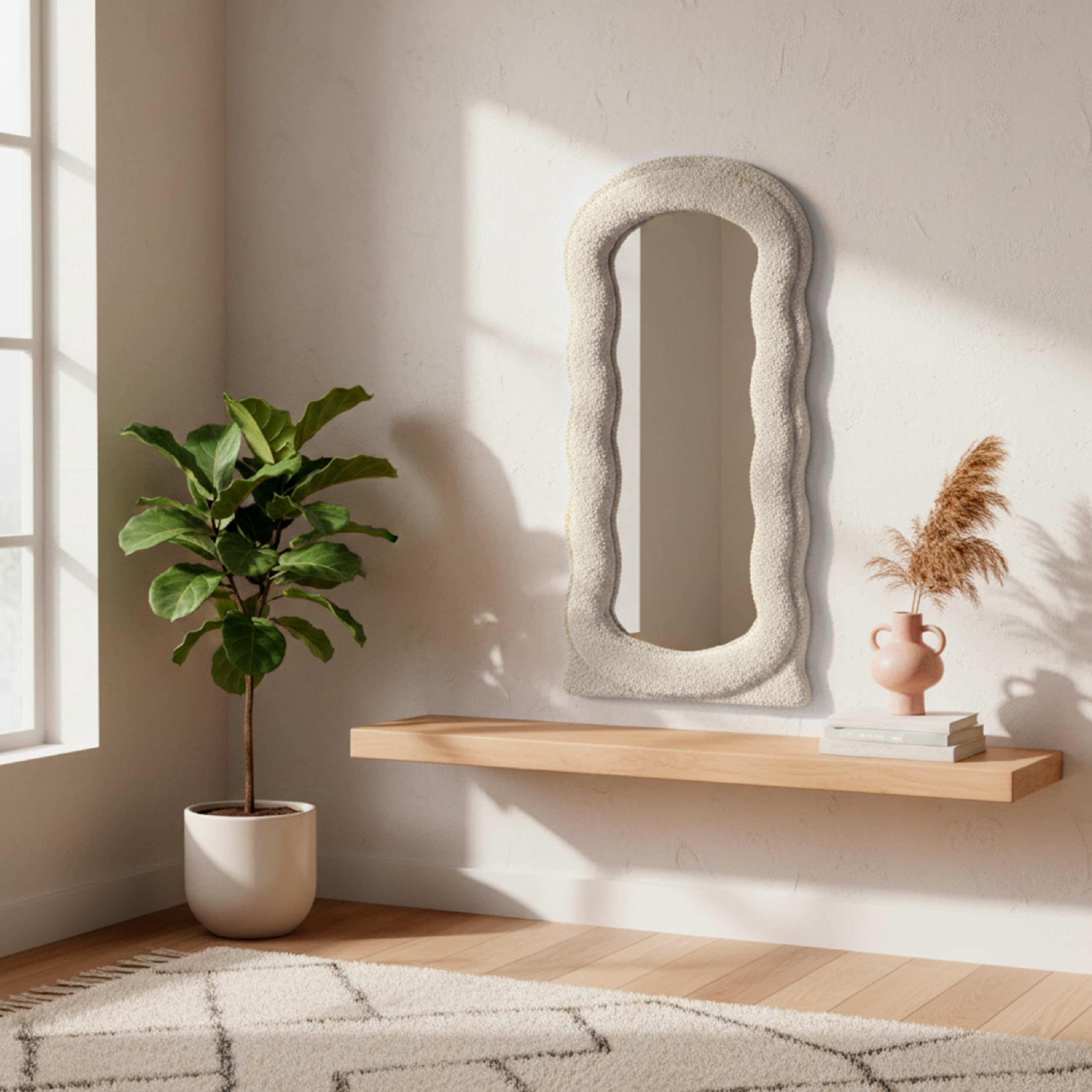 Baroni Home Specchio da Parete, Specchio con Cornice Ondulata Imbottita in Tessuto Bouclè, Specchio Decorativo Moderno Soggiorno, Camera da Letto, Corridoio 80x40 cm Beige