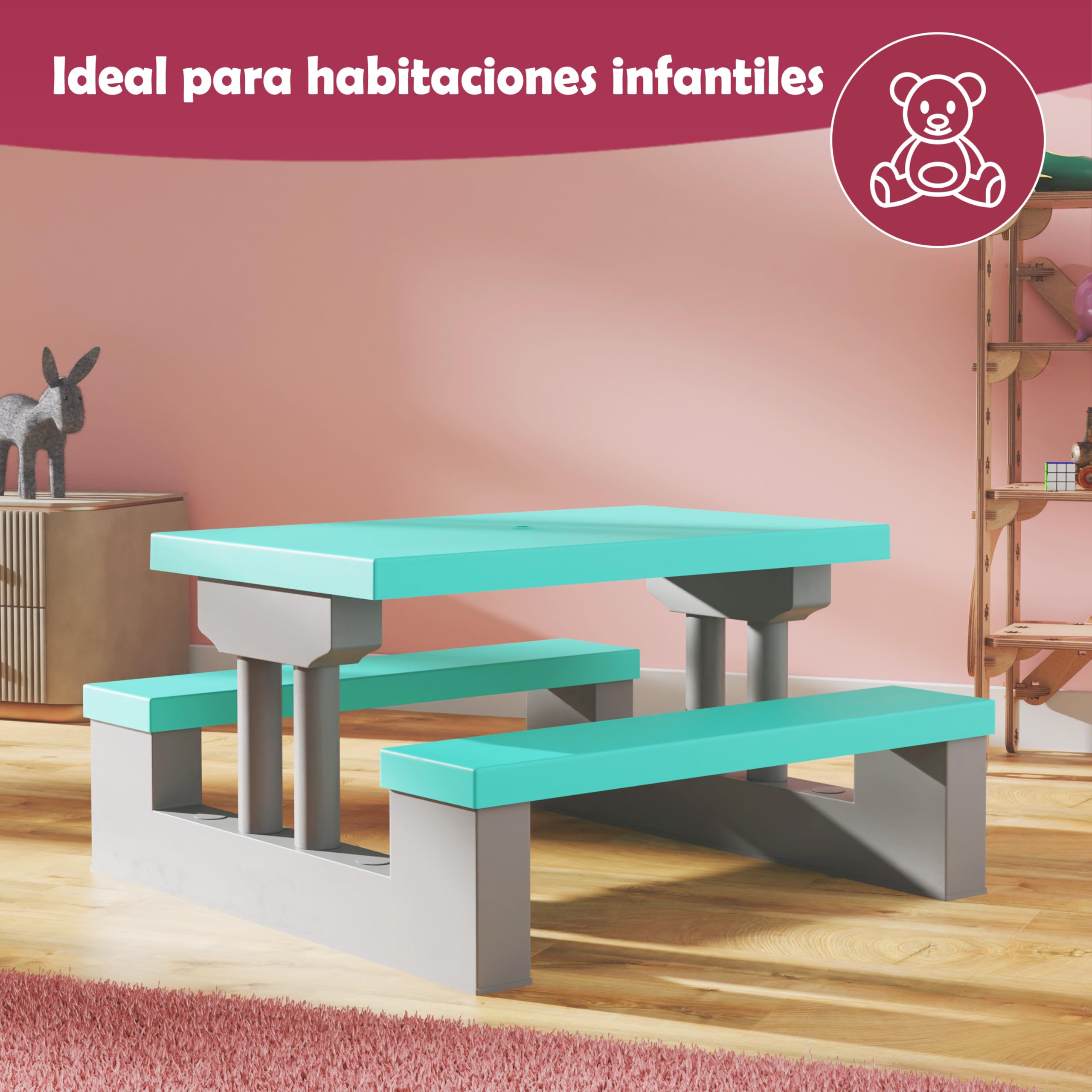 Spielwerk® Juego Mesa y Bancos Infantil Sombrilla Protección UV 4 Niños Intemperie Set Picnic Jardín