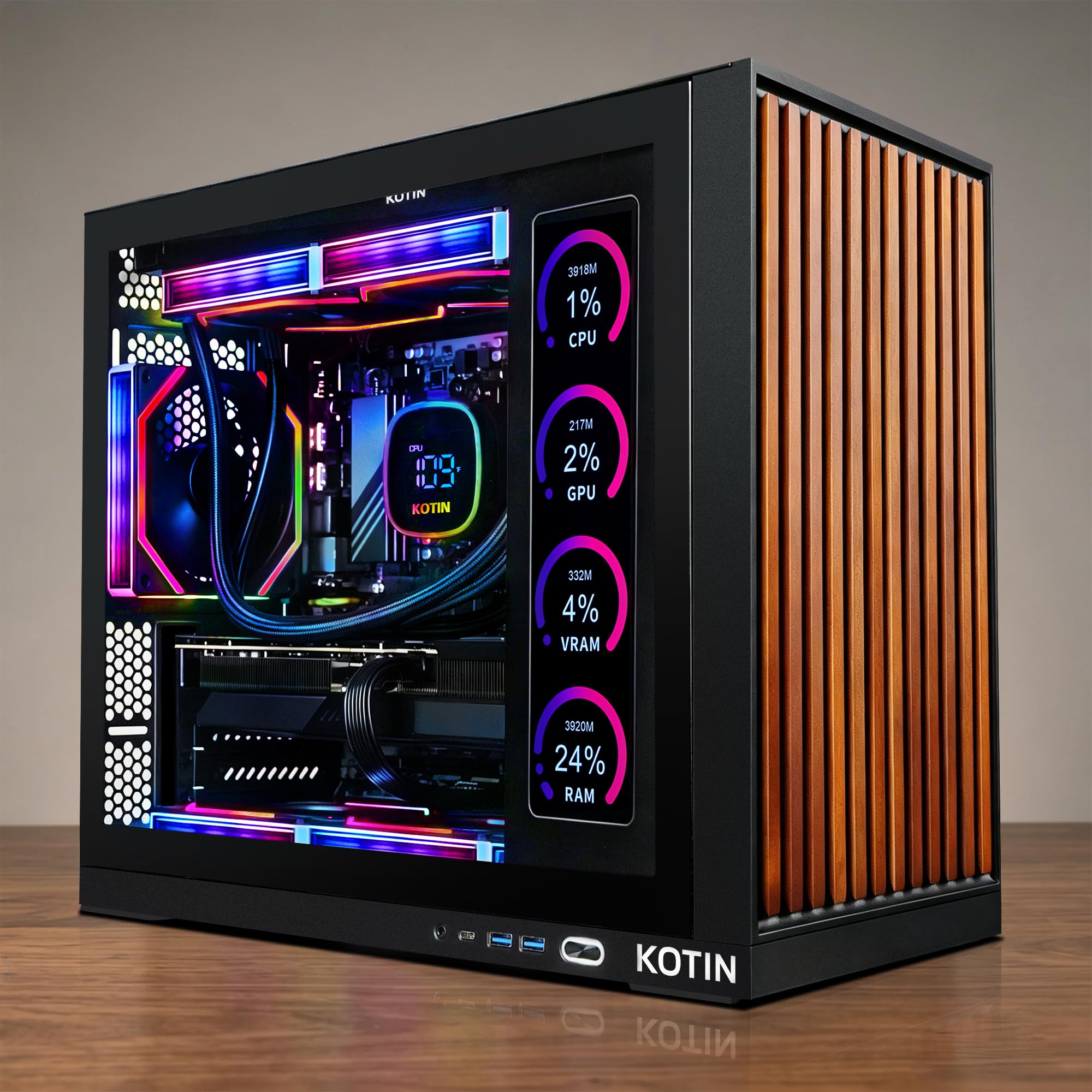 KOTIN Gaming PC Desktop, Ryzen 7 9800X3D, RTX 5070 12GB, 32GB DDR5, 1TB SSD | 11.3" Smart Display, 360mm Liquid Cooler, WiFi 7, 850W 80+ Gold PSU, Windows 11 ARGB Lighting Gaming Computer 1440 4K image 4