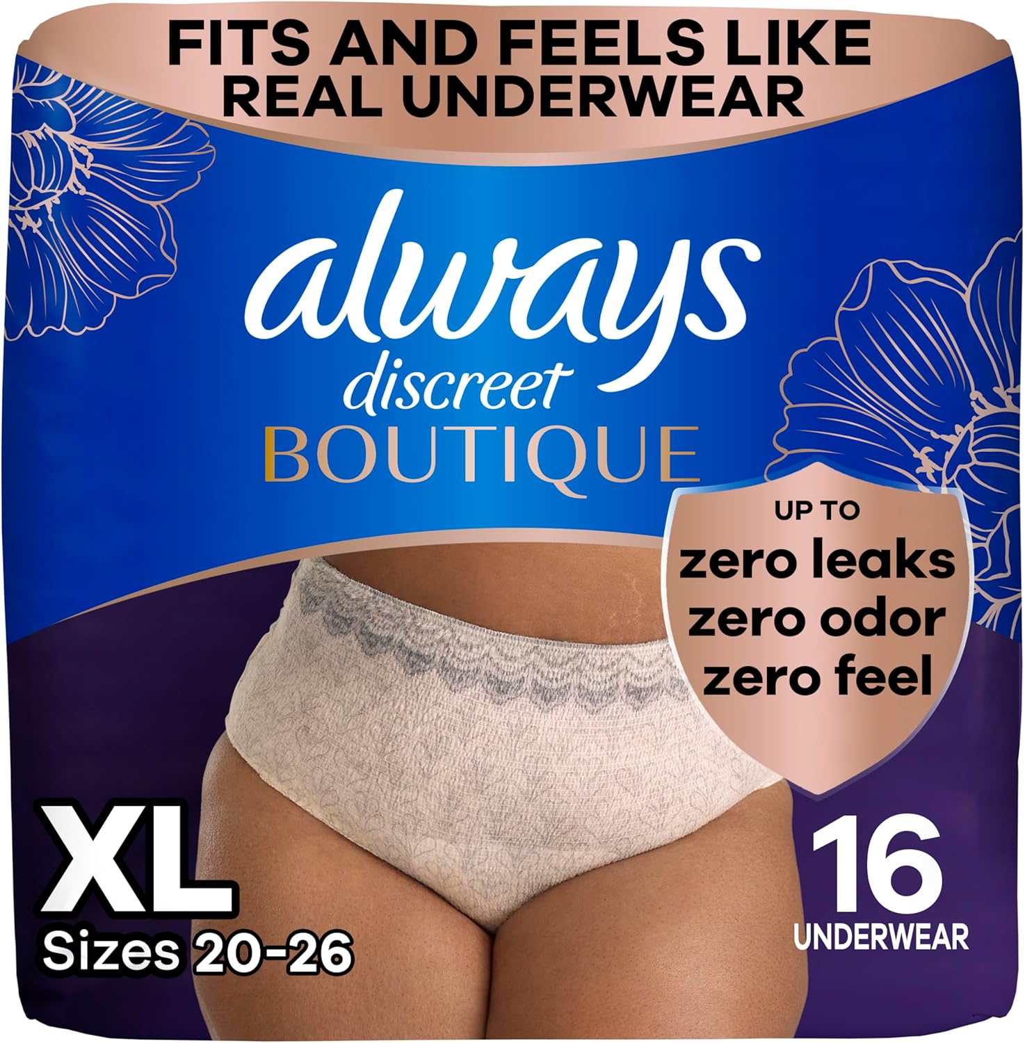 Always Discreet Boutique Underwear, XL, Rosy, 16 Count