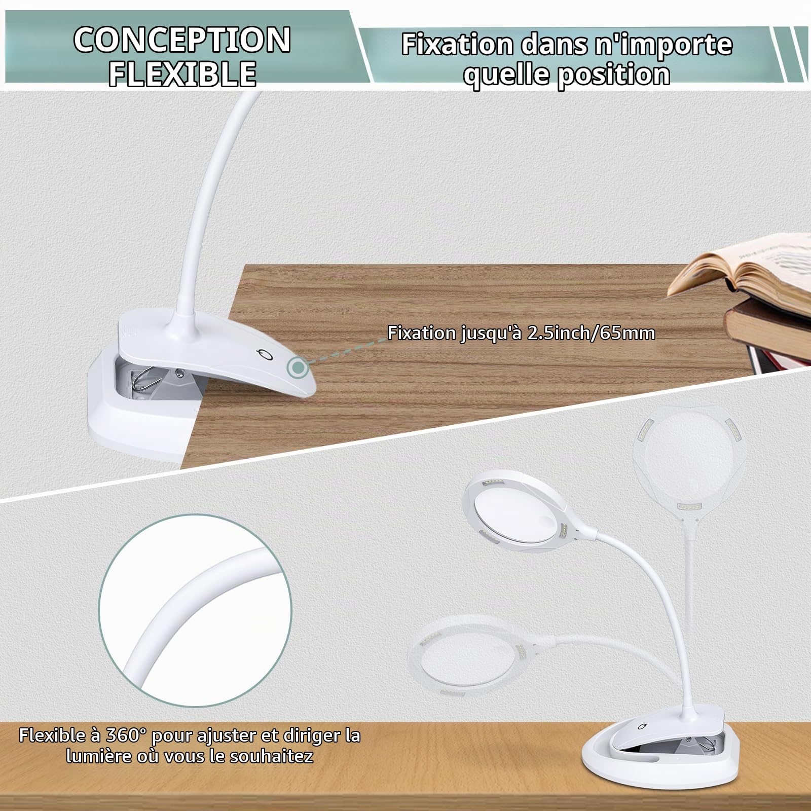 COLFULINE 2 en 1 Lampe Loupe LED-Loupe de Table Grossissement 5X10X-3 Mode de Luminosité-Lampe Loupe avec Pince- Chargement USB-Lampe de Table à Base et à Clip Idéal pour Lecture,Bureau