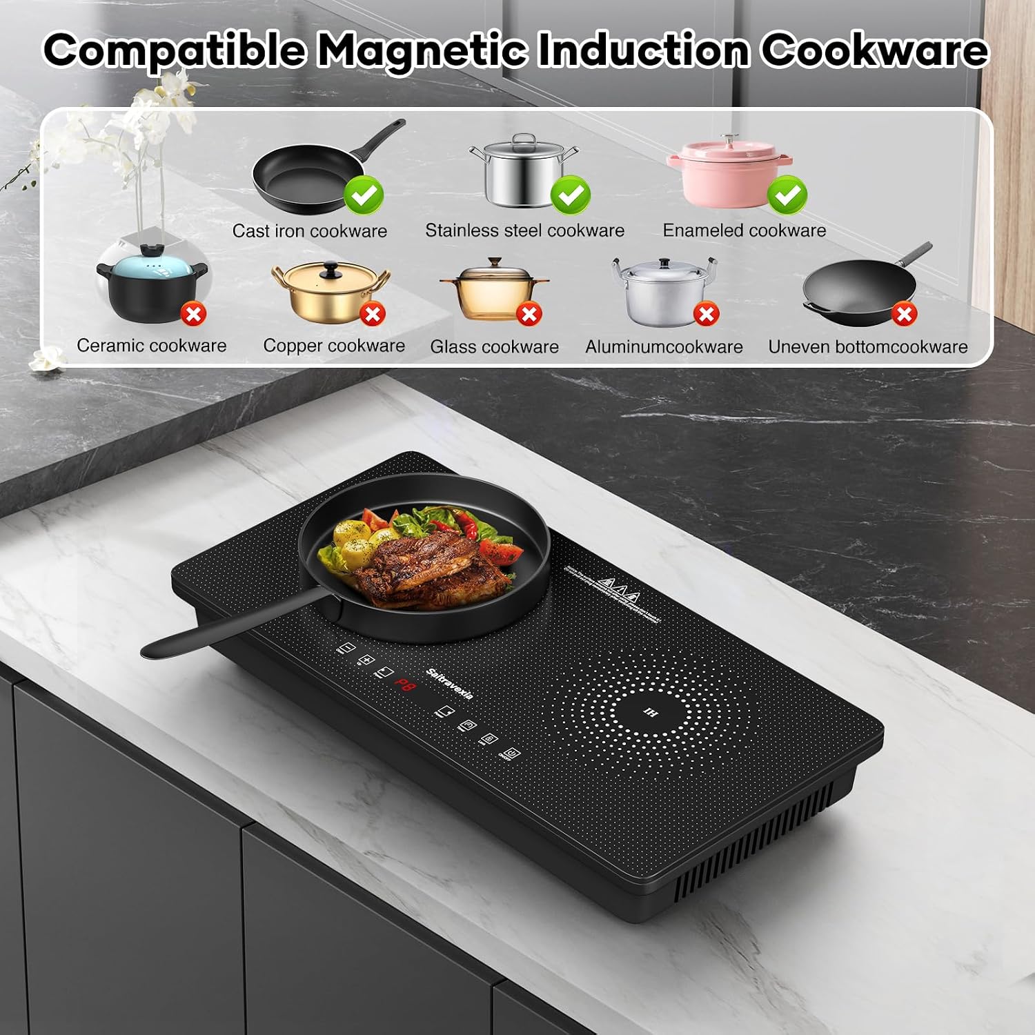 1800W Portable Double Induction Cooktop – 2 Burner Countertop Electric Stove with Touch Control, Dot Pattern Panel, 8 Power Levels, Timer, Safety Lock, Compatible with Magnetic Cookware
