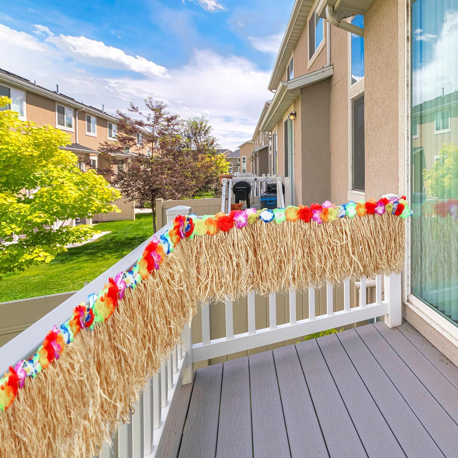Lyrow Natural Hawaiian Luau Grass Raffia Fringe Banner 143 x 11.8 Inch Hawaiian Grass Table Skirt Tiki Bar Decoration for Tropical Deck Skirting Tent Chair Summer Birthday Party