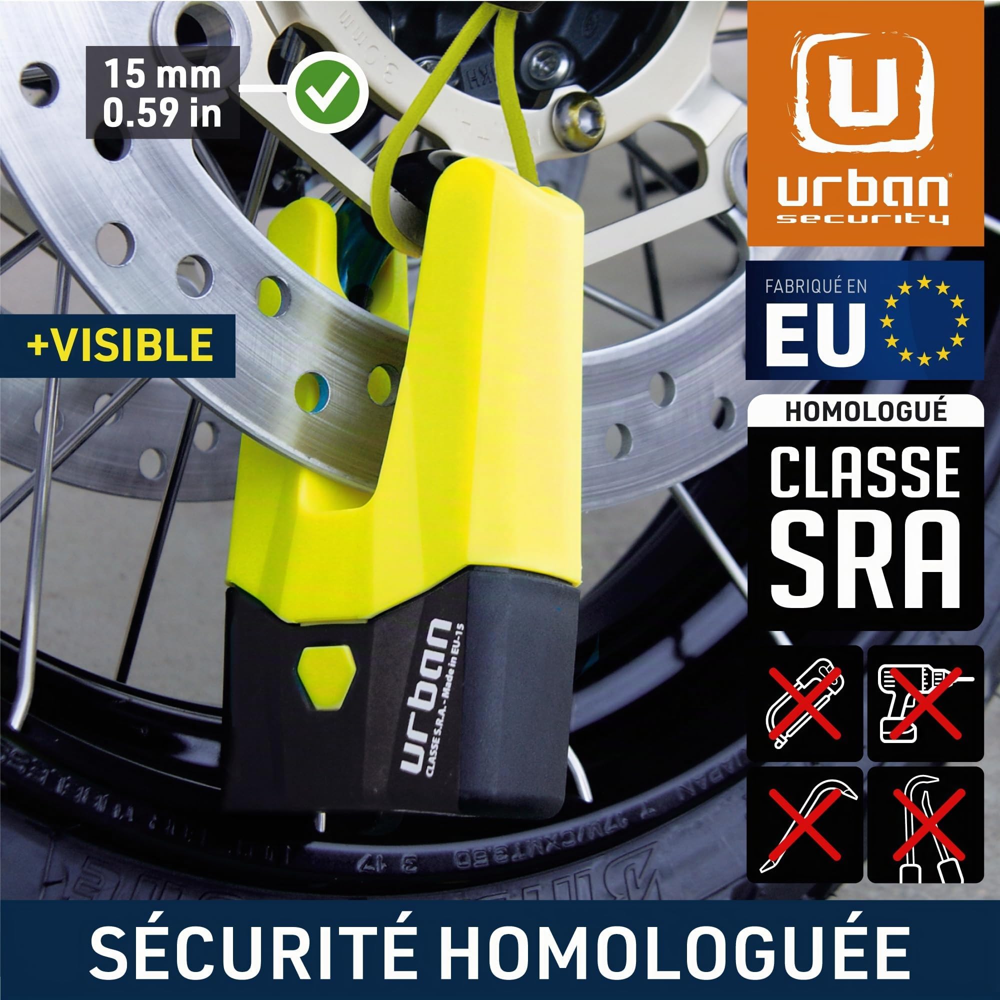 URBAN U9DY Antivol Moto Bloque Disque Mini U Homologué SRA, Sécurité Maximale Entièrement Testée, Fourche ø15 Double Fermeture, Serrure Haute Sécurité, Antivol Bloc Roue pour Moto Scooter Vélo Cadenas