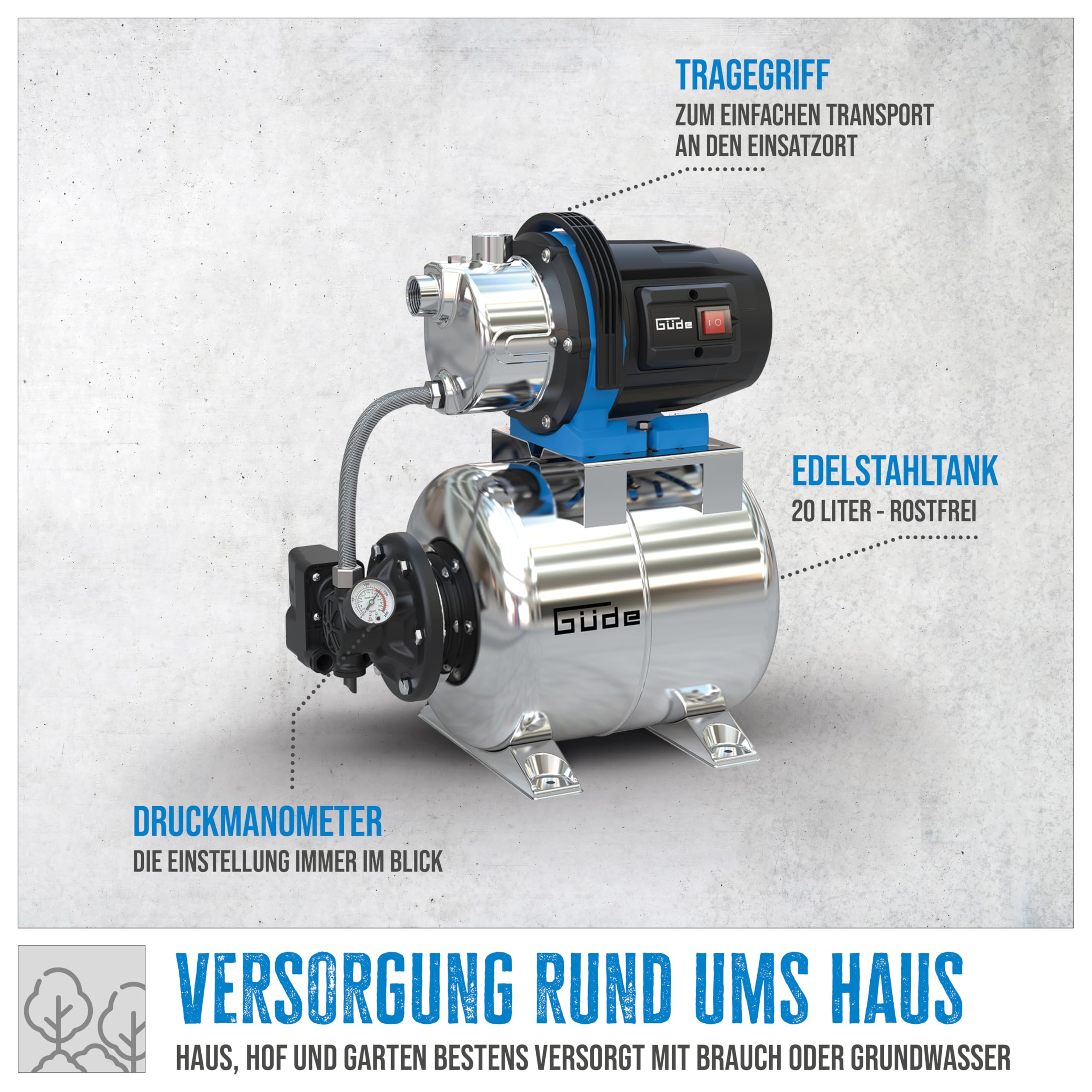 Güde Hauswasserwerk HWW 1000 ES (1000 W, 20 l Kesselinhalt, 3800 l/h Fördervolumen, 44 m max. Förderhöhe, 7 m max. Ansaughöhe, Noryllaufrad, Edelstahltank, Druckschalter, Thermoschutz, Druckmanometer)