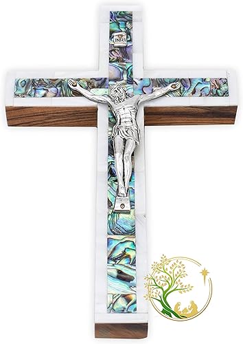 Miniatura 2 de Small Decorative Mother of Pearl wall cross handmade in the Holy Land  olive wood wall crucifix  Catholic wooden cross  Made by Christians in the