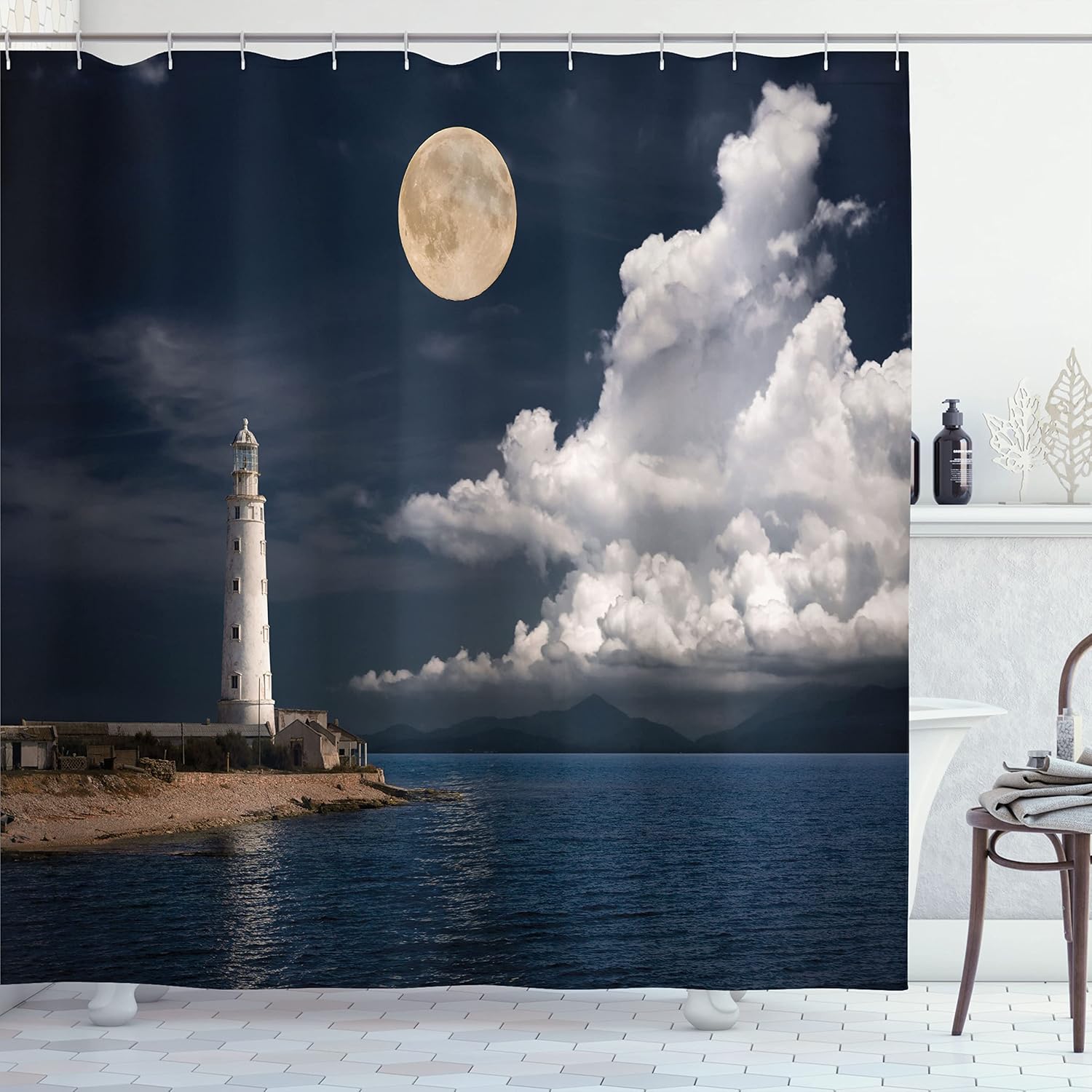 Ambesonne Lighthouse Shower Curtain, Lighthouse Moonlight Island Large Clouds Sea Seaside Waterfront Night Time Bay, Cloth Fabric Bathroom Decor Set with Hooks, 69" W x 75" L, Night Blue