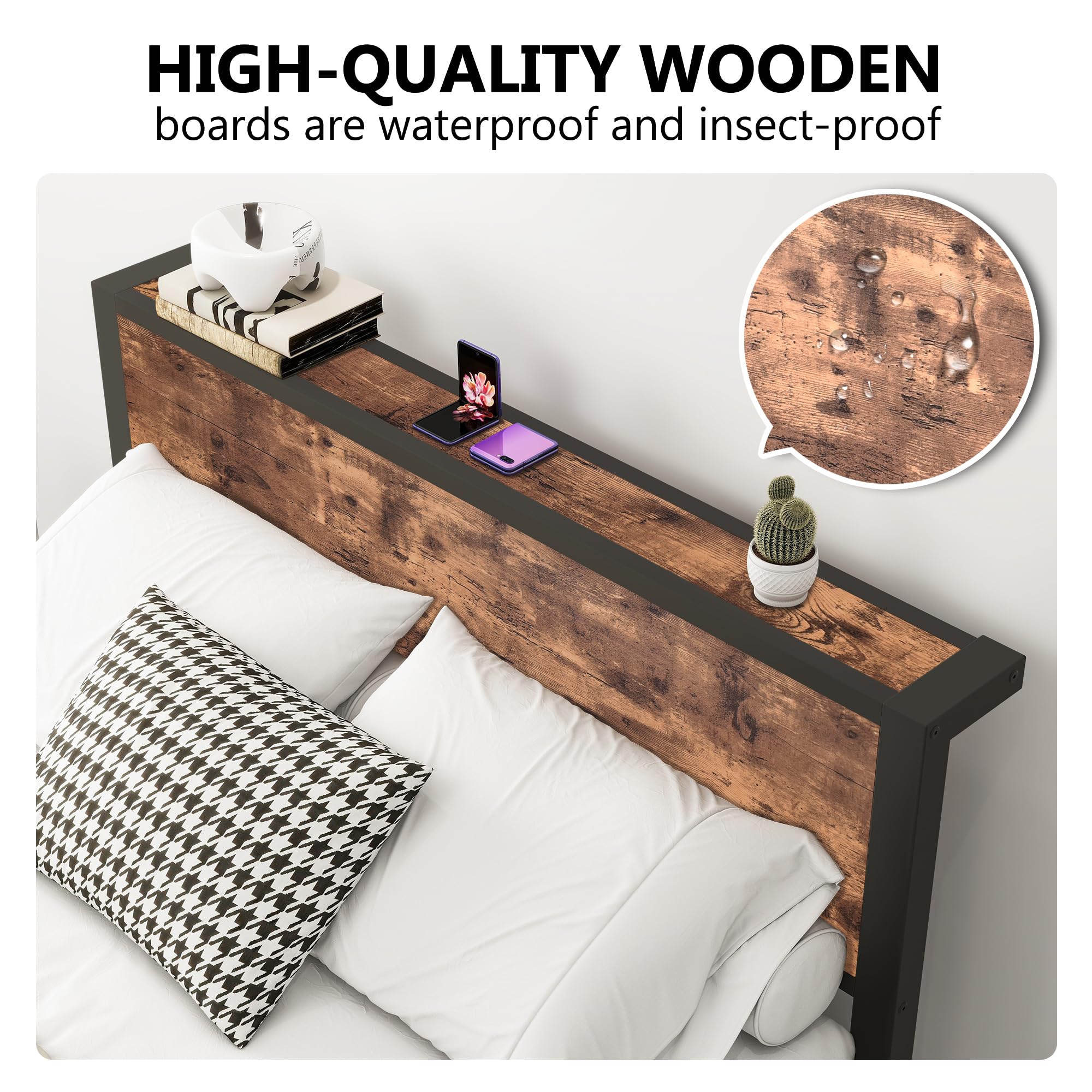 HOMERECOMMEND Rama łóżka 140 x 200, łóżko podwójne 140 x 200 cm, stelaż z metalu, łóżko dla gości do małych pomieszczeń, kolor czarny i brązowy