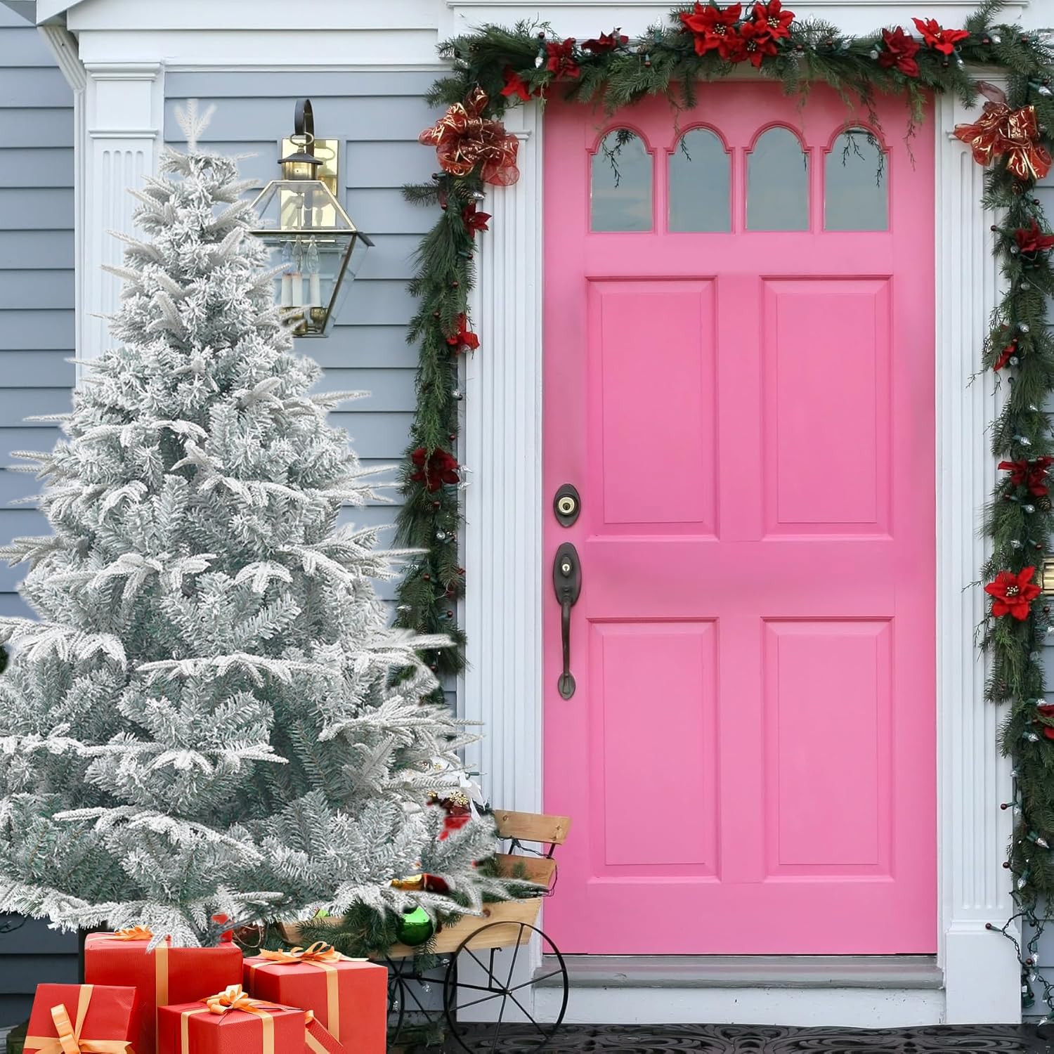 7FT árbol de Navidad Artificial Nieve Apilado árbol de Pino, 1080 Puntas de Rama Bisagra PVC/PE Materiales Combinados árbol de Navidad con Base de Metal, Interior Exterior Décor de Vacaciones