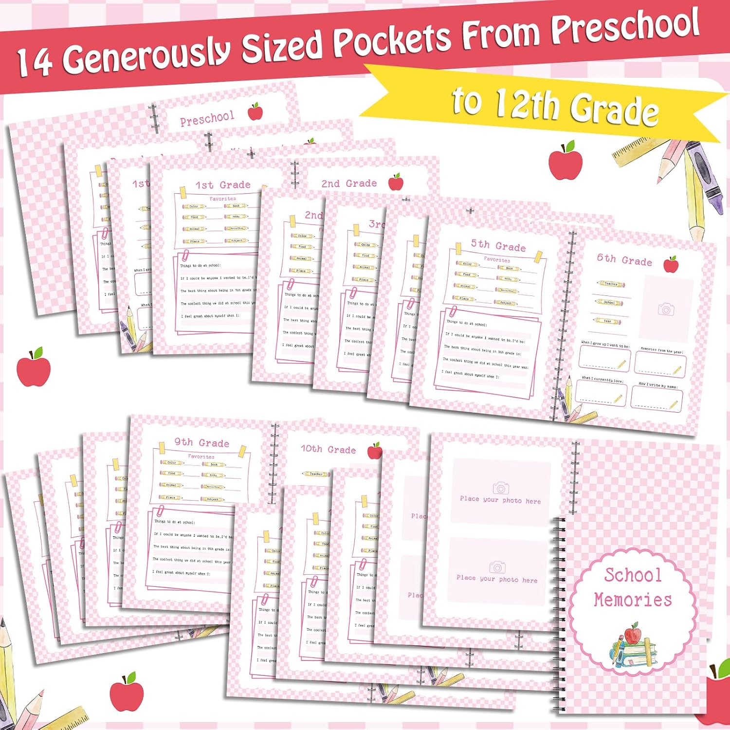 Gersoniel School Memory Book Scrapbook Album Keepsake Photo Album from Preschool to 12th Grade for Students Graduation Gifts(Pink)