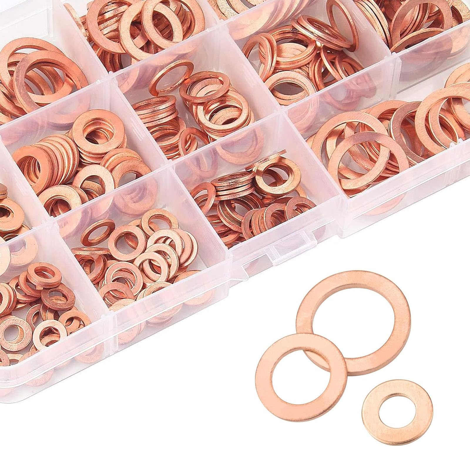 200 PCS Car Copper Gasket Assortment Set, 10 SPEC of Rust-Proof Sealing Flat Gasket with Storage Box, Upgraded Metric Washers, Universal Accessories for Cars Appliances Bearings Pumps (Gold)
