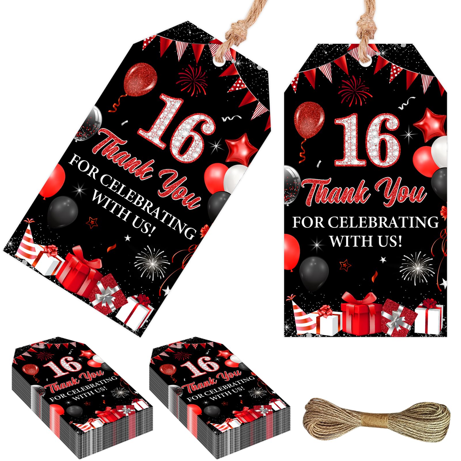 Décorations rouges et noires de qualité pour étiquettes cadeaux de 16e anniversaire