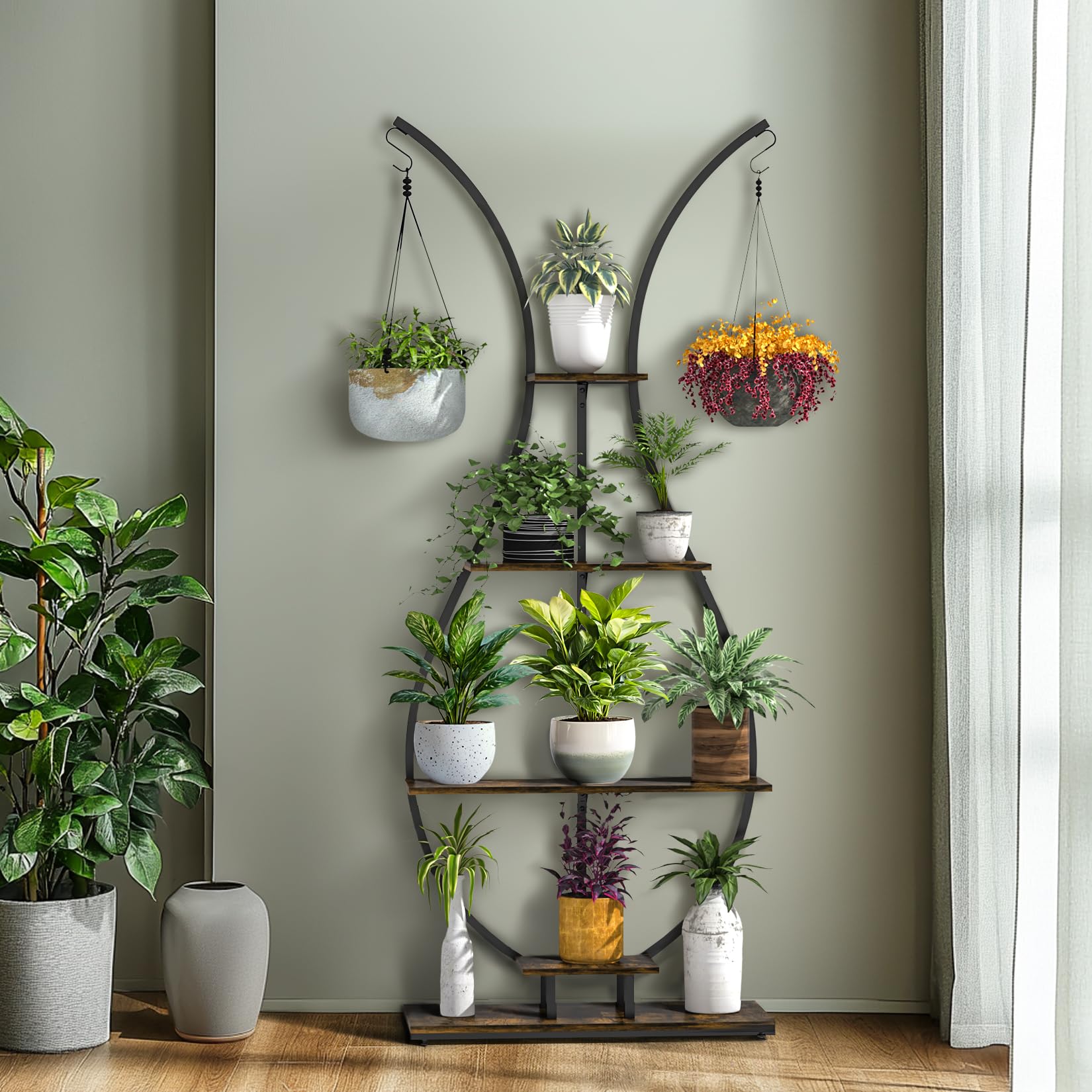 unho Support de Plantes d’intérieur Designe: 74x30x181cm Étagère Plante en Métal Porte Fleur pour Salon Balcon Présentation avec Dispositif Anti-Renversement - Brun Rustique et Noir