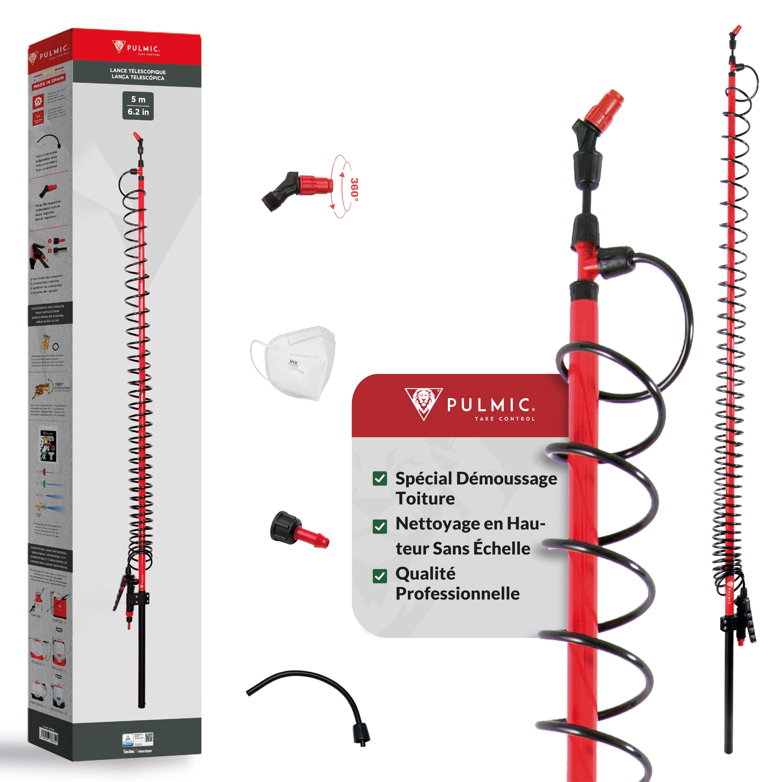 Pulmic Lance de Pulvérisation Télescopique 5 m d'Hauteur – Perche en Fibre de Verre Légère. Idéale pour Le Démoussage, Le Nettoyage de Toiture, Murs et Façades. Buse Réglable Qualité Professionnelle