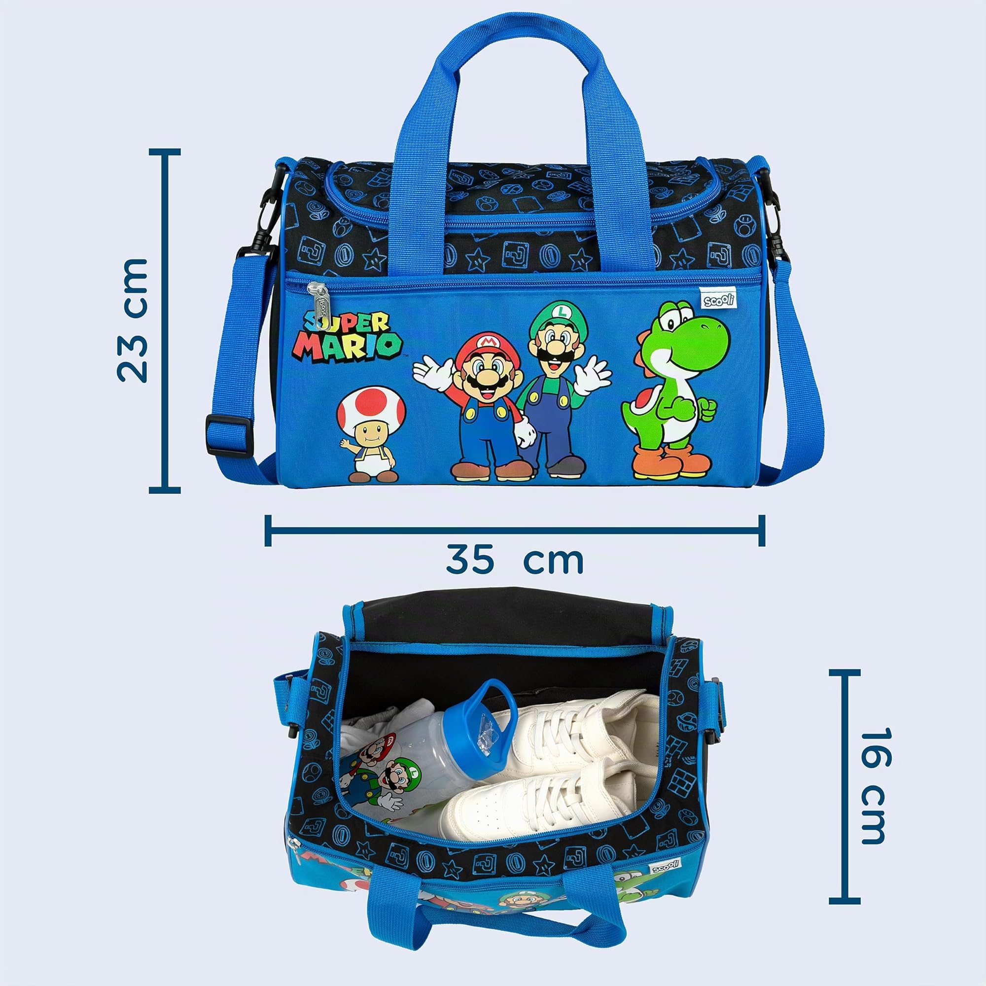 Scooli - Borsa sportiva Super Mario per bambini - 23 x 35 x 16 cm - scomparto principale spazioso - tracolla regolabile - accessori per la scuola - borsa a tracolla