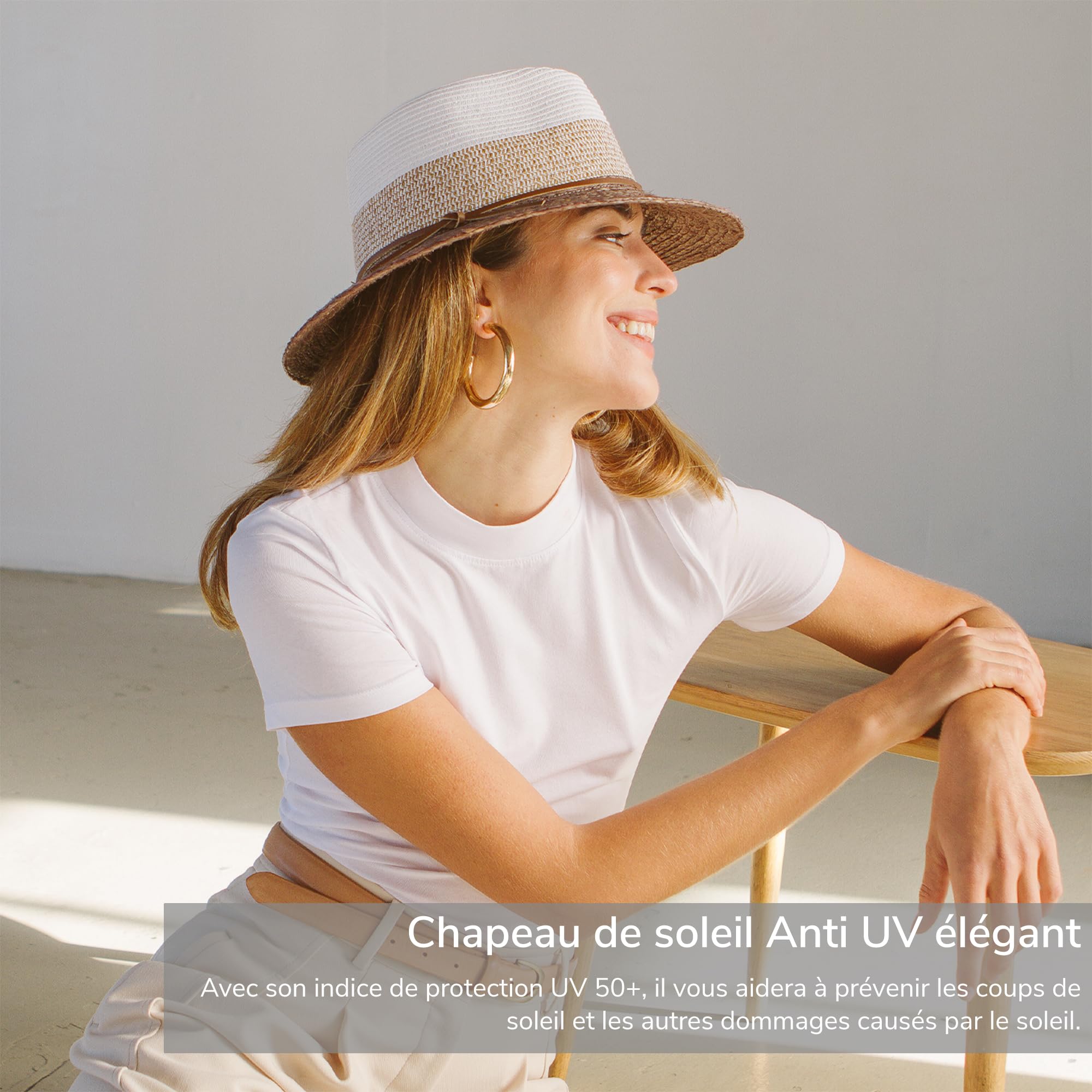 Tina Fedora Femme Chapeau de Soleil Élégant Raffia Fibre Naturelles Anti UV M/58cm Taille Régable
