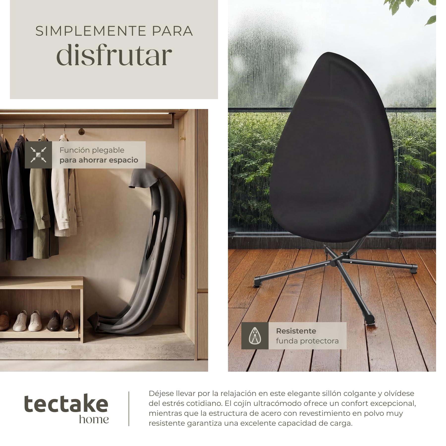 tectake® Columpio Jardín Exterior con Estructura, Silla Colgante Giratoria, Altura Ajustable, Resistente a la Intemperie, Sillón Colgante, hasta 160Kg, con Funda Protectora y Cojines - Antracita
