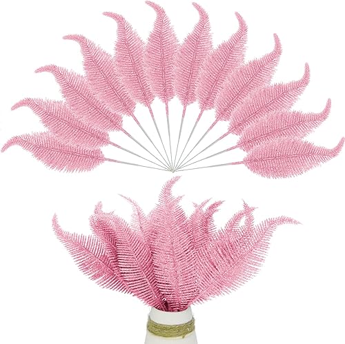 Miniatura 6 de 20 piezas de hojas artificiales con purpurina de Navidad, ramas brillantes para hojas falsas para cosechas de árboles de Navidad, adornos de 10