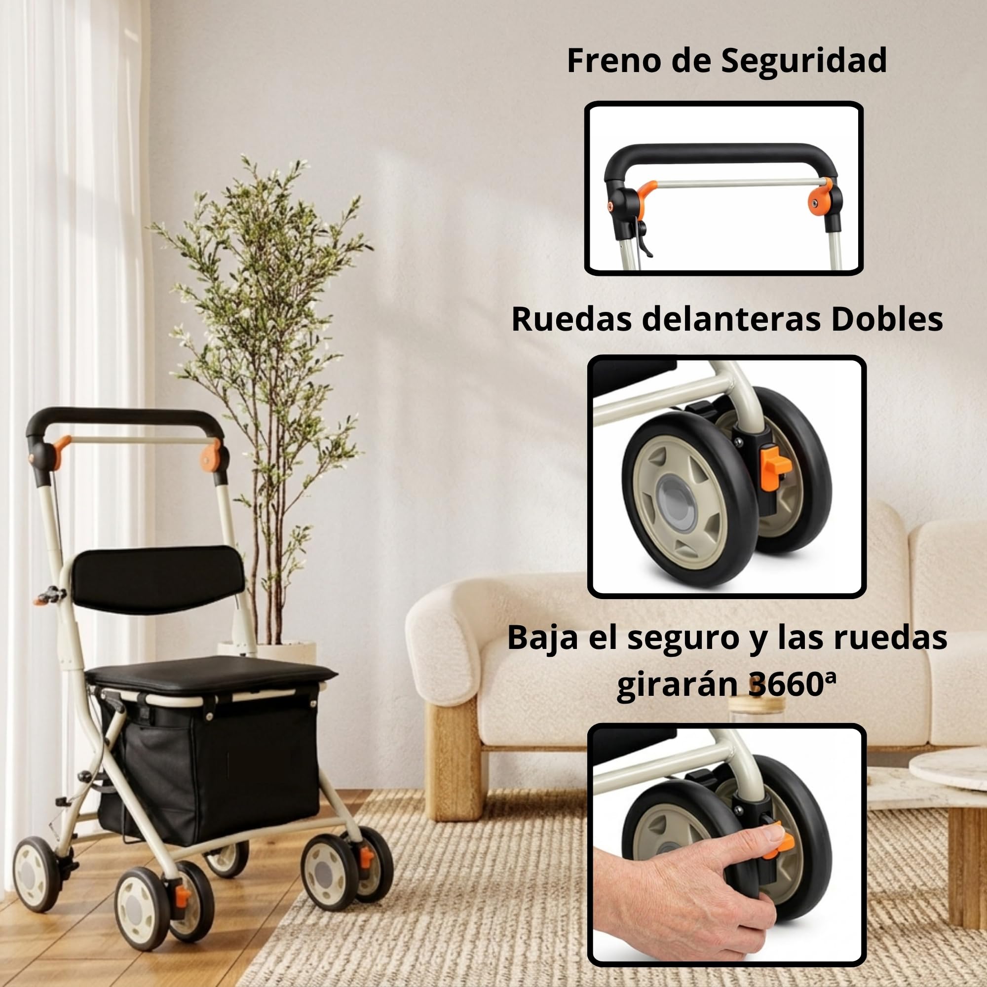 Andador Carro de Compra para Mayores – Plegable,Asiento y Respaldo Acolchado, Freno Seguridad, Bolsa Extraíble, Ruedas 360º -Ligero y Ajustable en Altura- PESO SOPORTADO 130KG- MARCA ESPAÑOLA