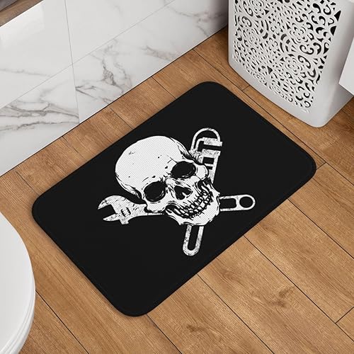 Funny Plumber Pipe-Fitter Wrench Skull Doormat 24x16 - Non Slip Entrance Rug for Bathroom, Kitchen, Front Door - Absorbent Waterproof Bath Mats for Indoor Use (Black)
