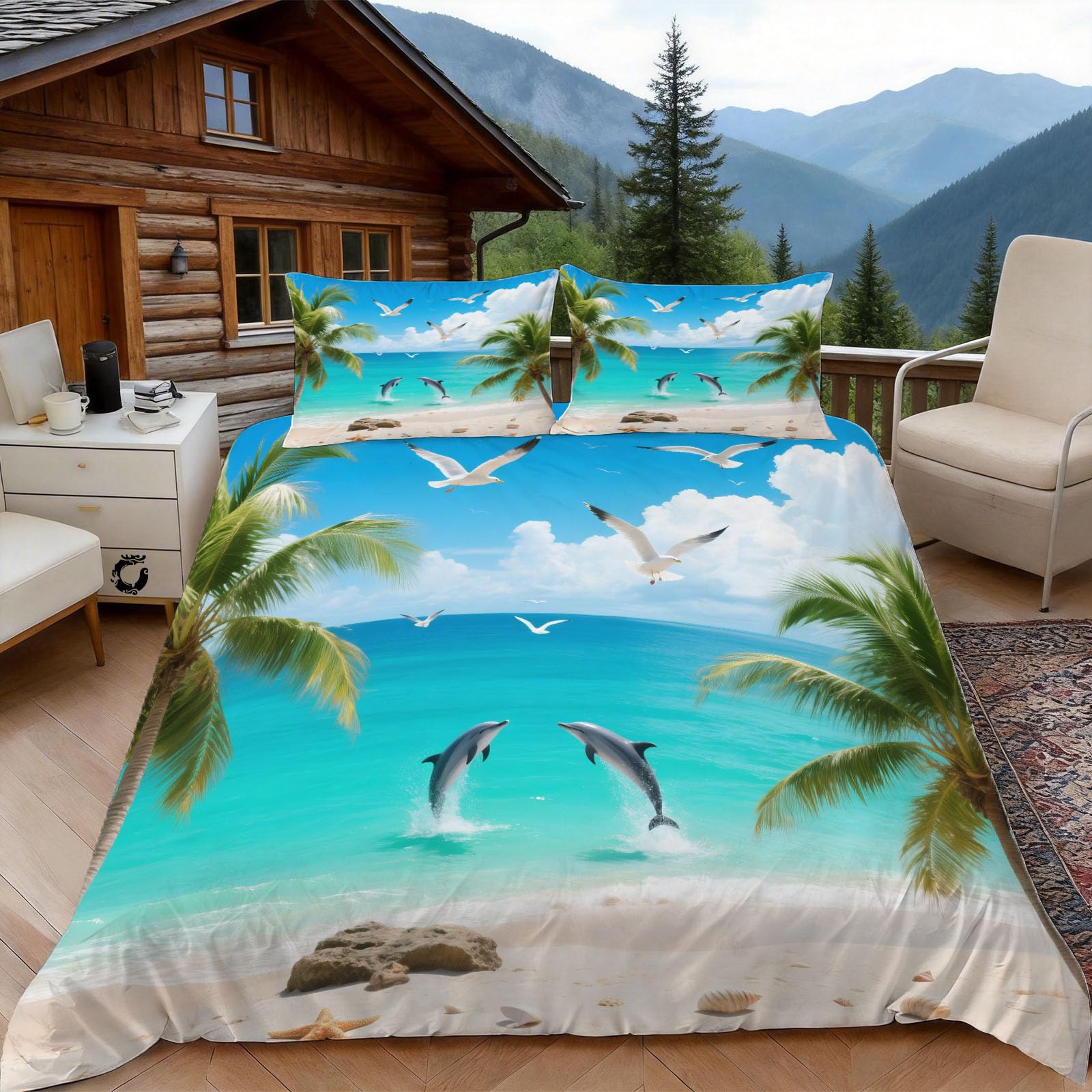 Housse de couette 220x240 dauphin pour lit 2 personnes avec 2 taies d'oreiller 65x65 cm