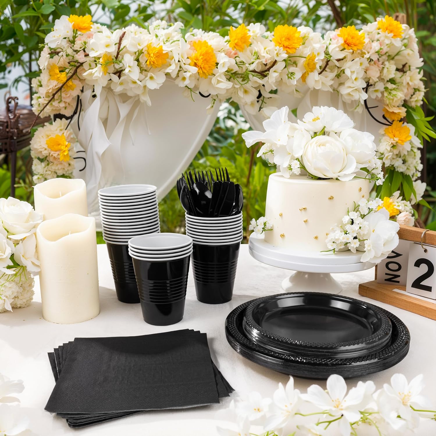 MirthMood 350PCS Black Disposable Plates,Black Plates,Plastic Party Supplies, Includes 50 Dinner Plates, 50 Salad Plates, 50 Silverware, 50 Napkins and 50 12OZ Cups for Wedding & Birthday & Party